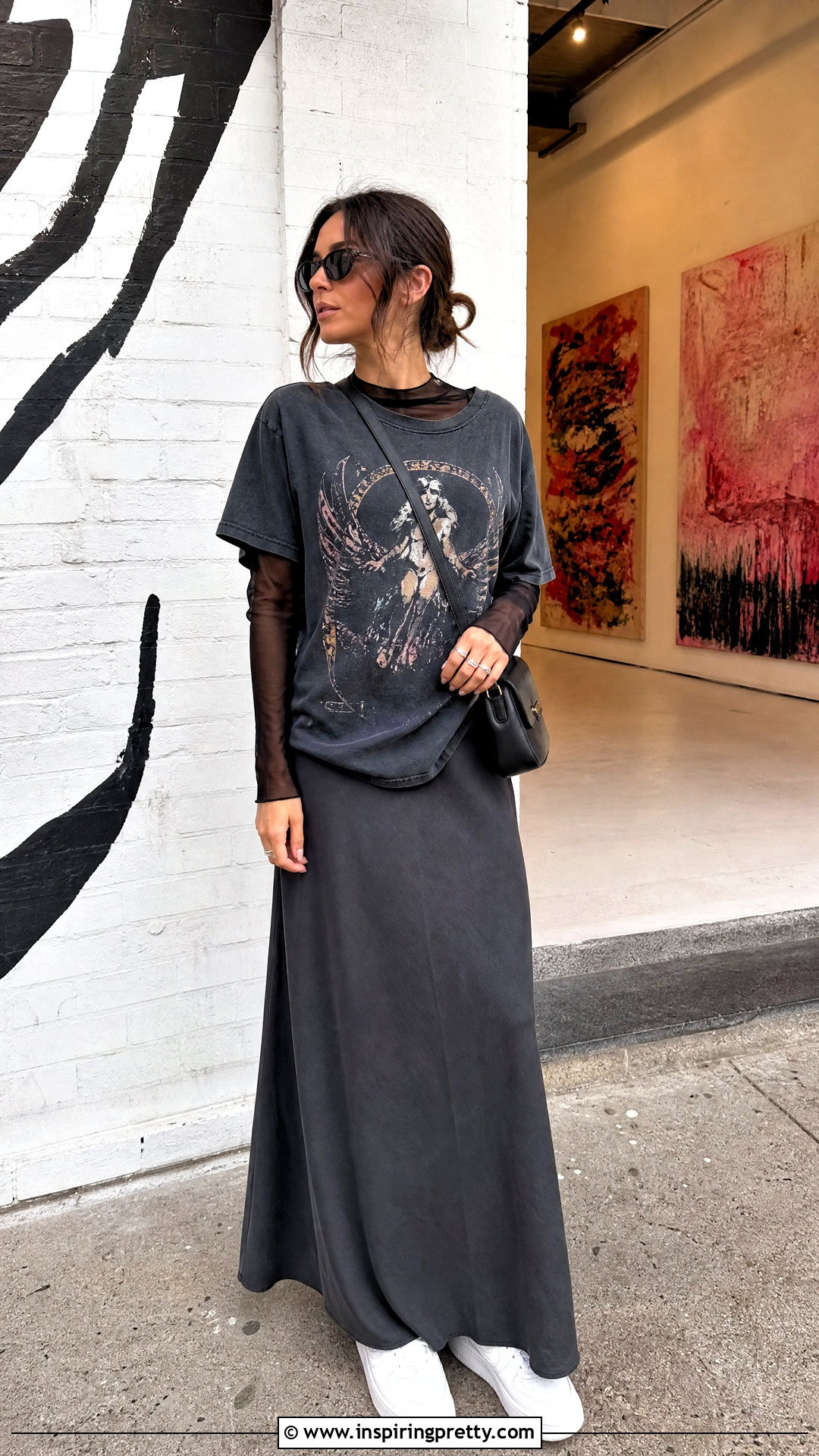 Sheer Top Under A Graphic T Shirt And Maxi Skirt - How To Layer A Sheer Top (25 Ways)