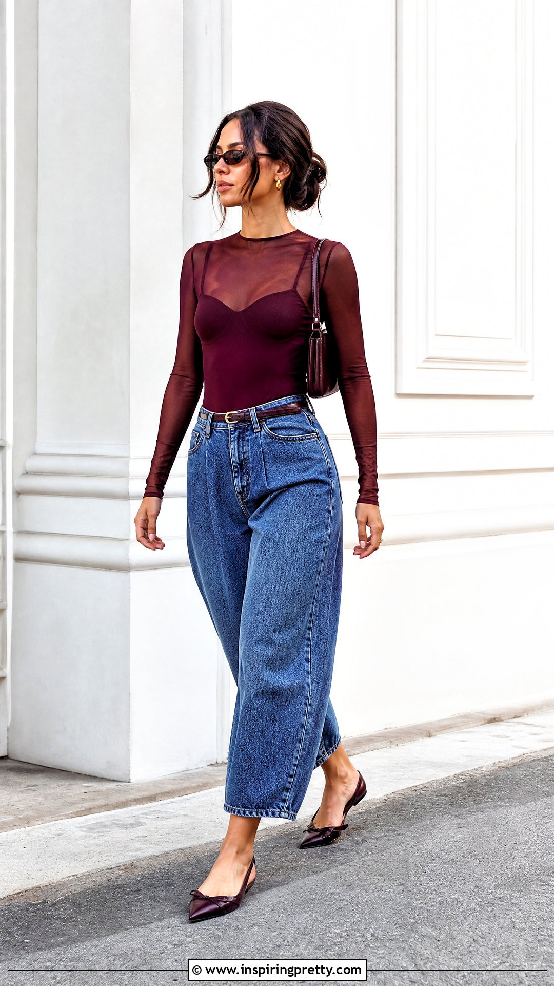 Sheer Top With Barrel Leg Jeans - 50 sheer top outfit ideas