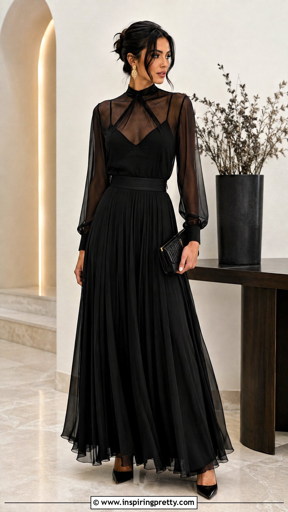 Sheer Top With Black Maxi Skirt - 50 sheer top outfit classy ideas