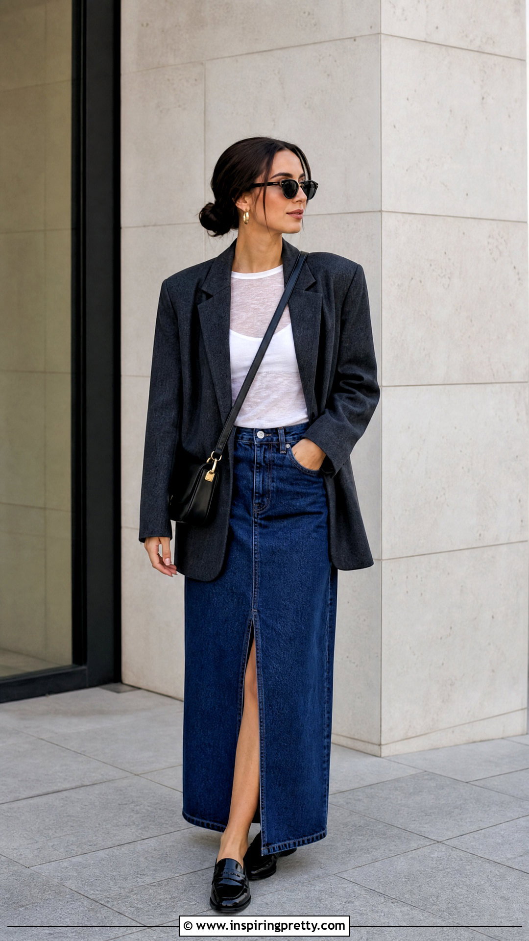 Sheer Top With Blazer And Denim Maxi Skirt - 25 Sheer Top With Blazer outfit ideas