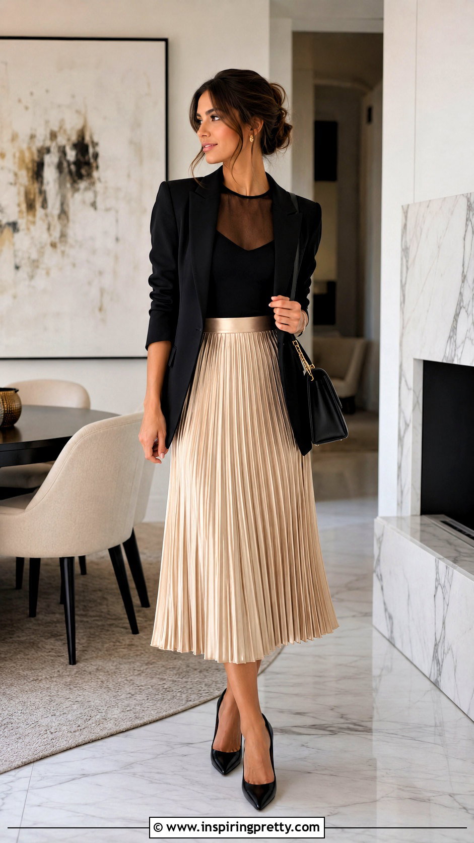 Sheer Top With Blazer And Midi Skirt - 50 sheer top outfit classy ideas