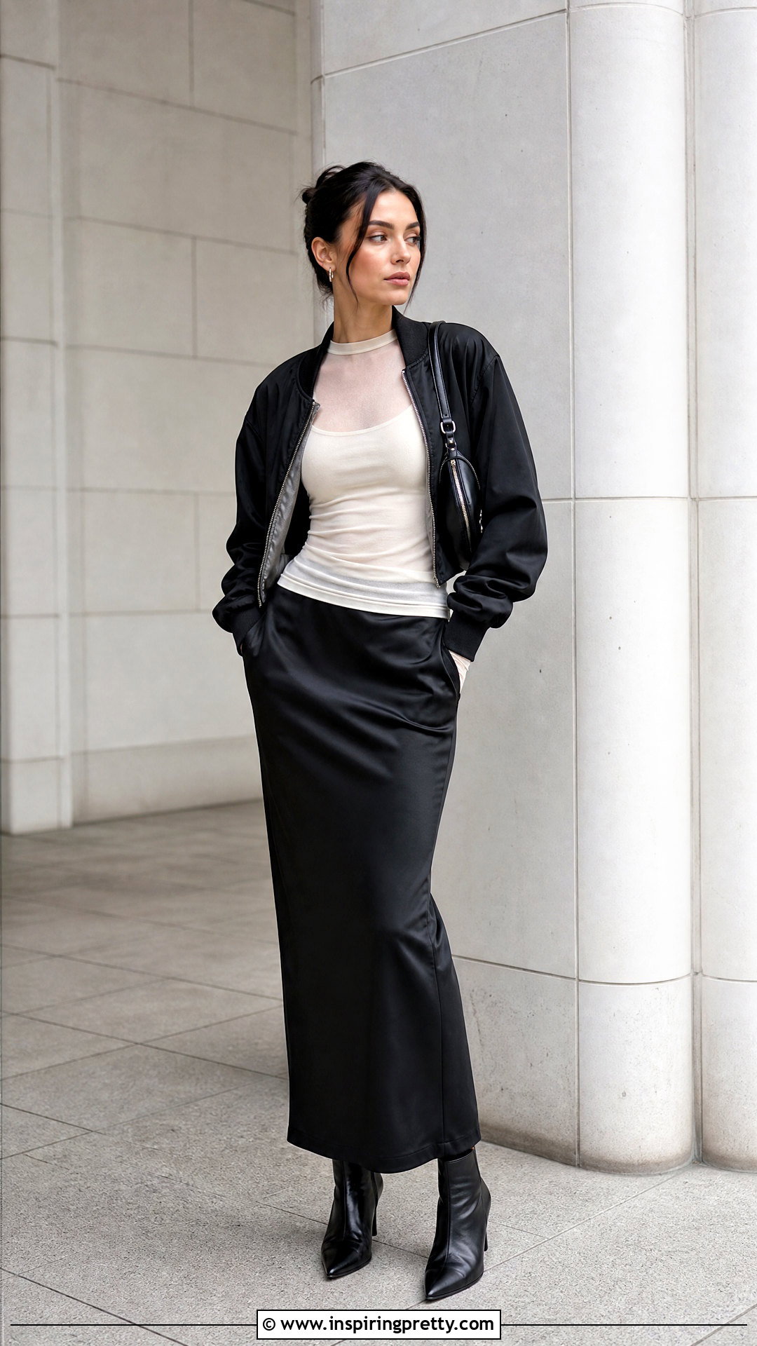 Sheer Top With Bomber Jacket and Column Skirt - what to wear over a sheer top (25 ways)