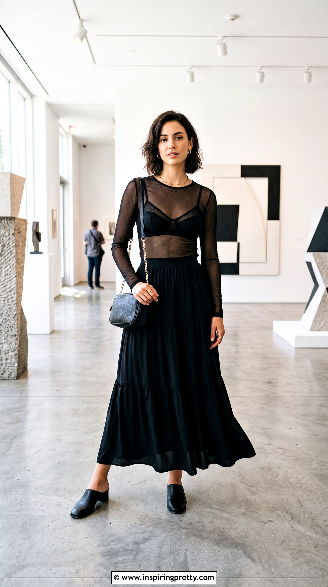 Sheer Top With Bralette And Maxi Skirt - 50 cute tops outfit ideas