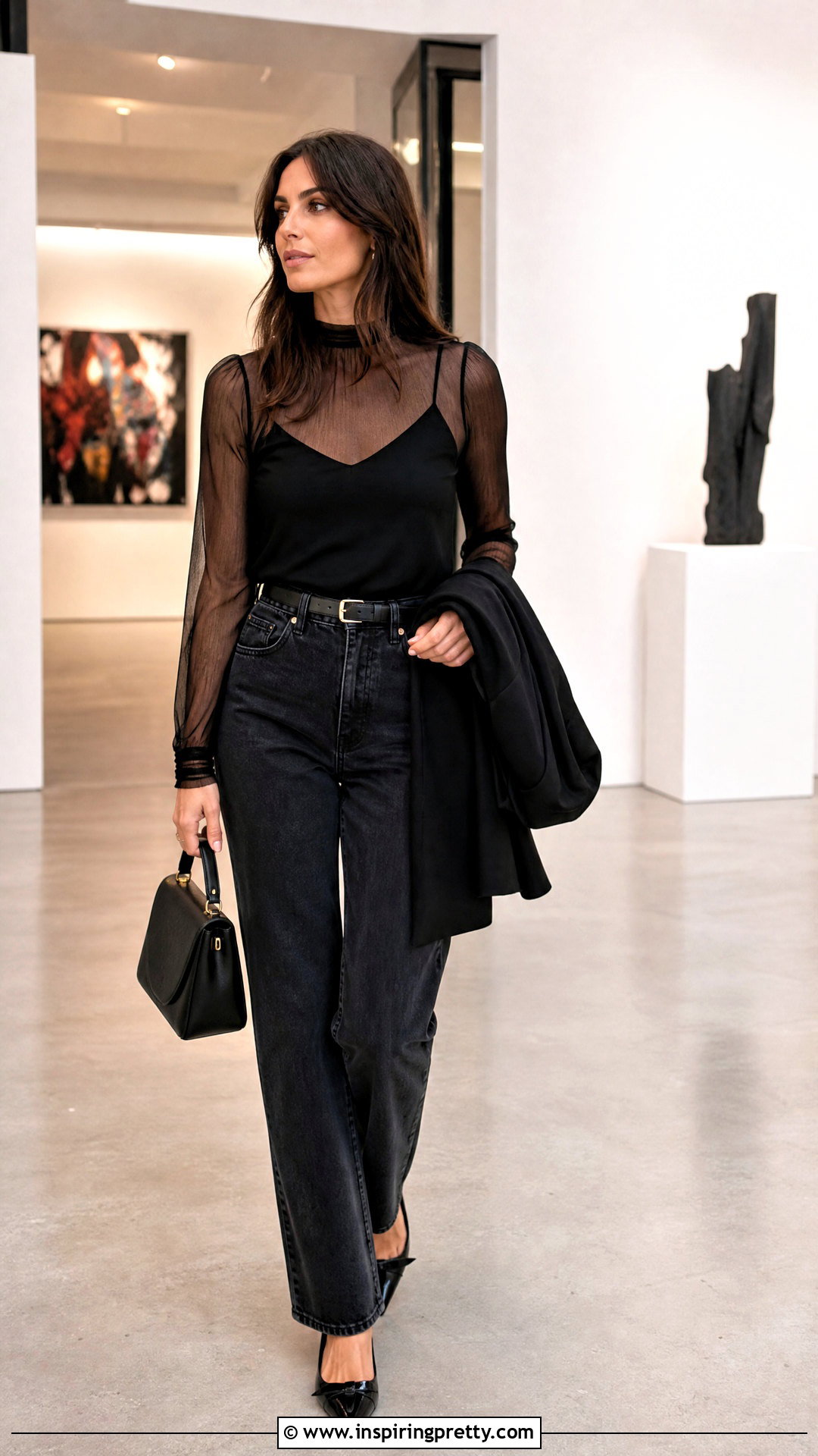 Sheer Top With Camisole And Jeans - 50 types of tops outfit ideas