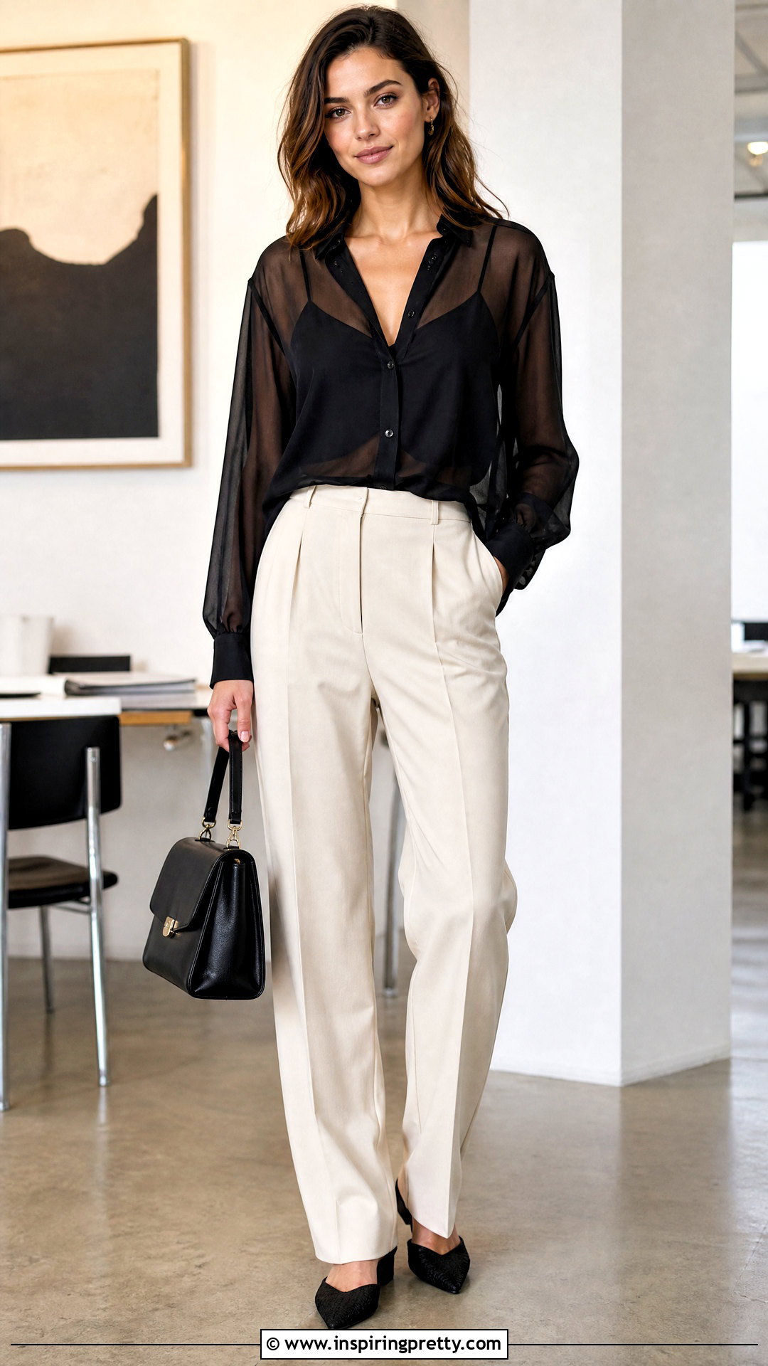 Sheer Top With Camisole And Tailored Pants - 50 womens tops outfit ideas