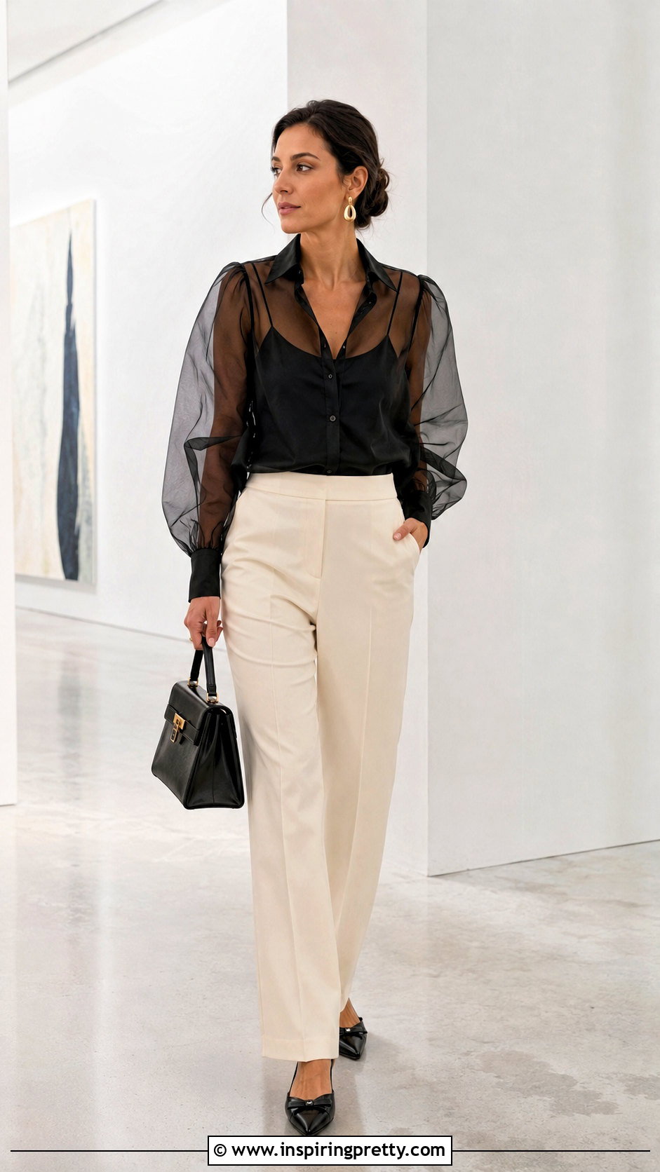 Sheer Top With Camisole And Trousers - 50 pretty tops outfit ideas