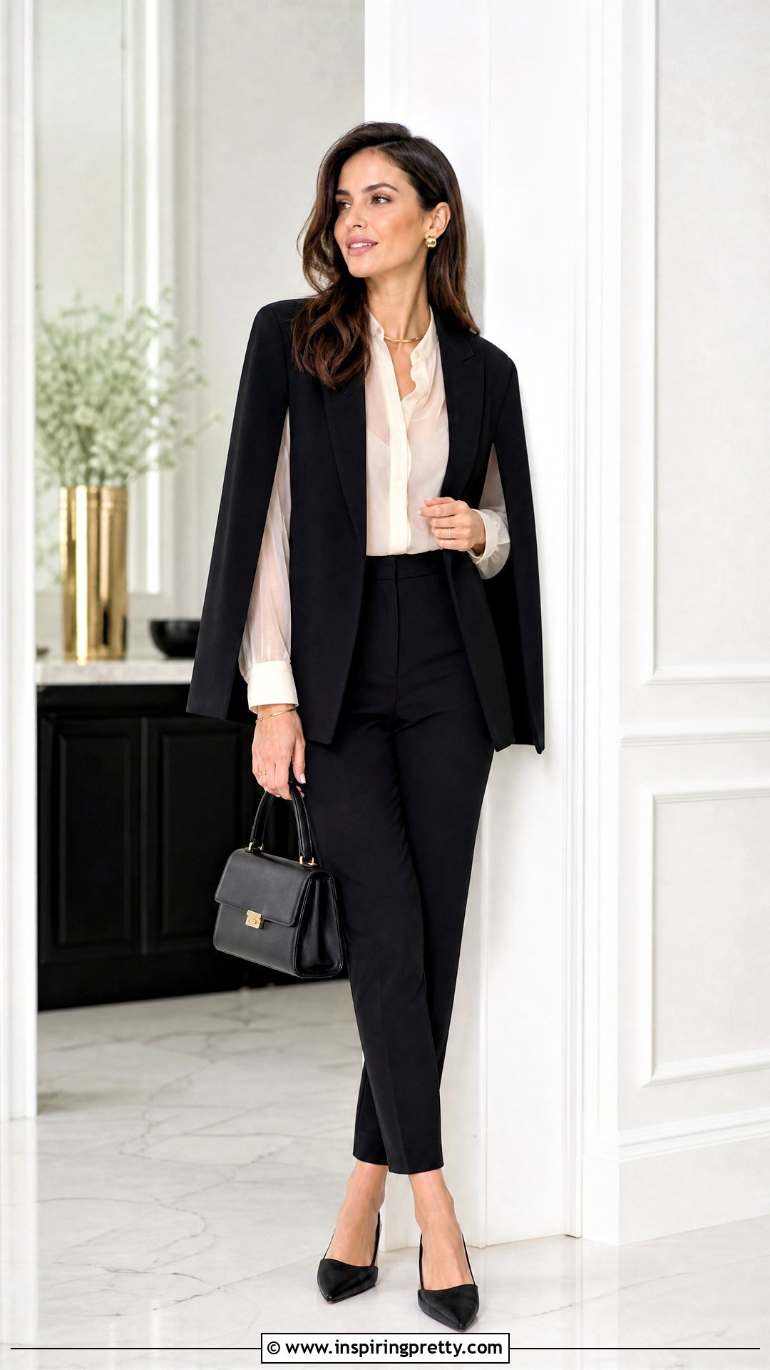 Sheer Top With Cape Blazer and Cigarette Pants - what to wear over a sheer top (25 ways)
