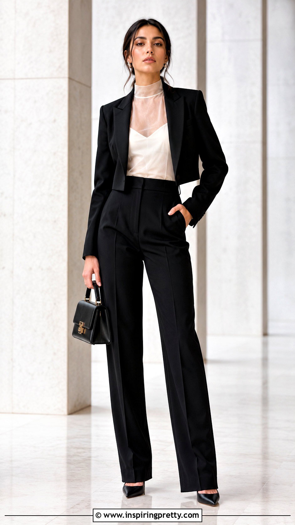Sheer Top With Cropped Blazer And Trousers - 50 sheer top outfit classy ideas