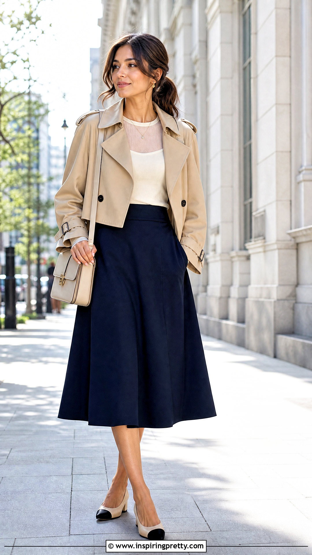 Sheer Top With Cropped Trench and A Line Skirt - what to wear over a sheer top (25 ways)