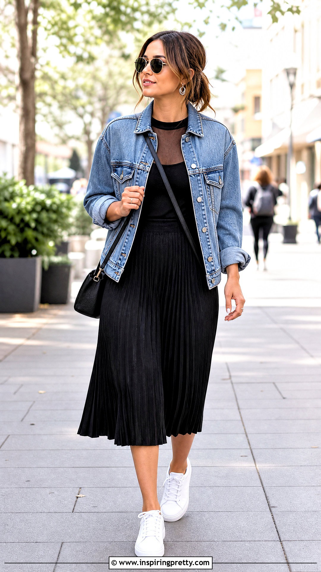 Sheer Top With Denim Jacket and Black Midi Skirt - what to wear over a sheer top (25 ways)