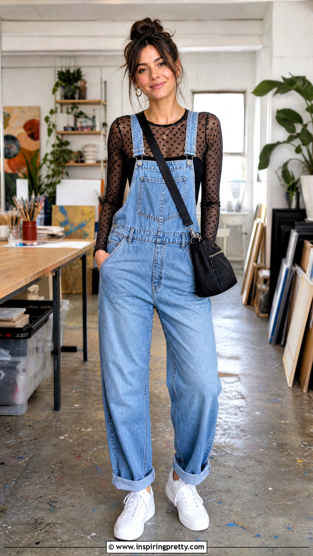 Sheer Top With Denim Overalls - 50 sheer top outfit ideas