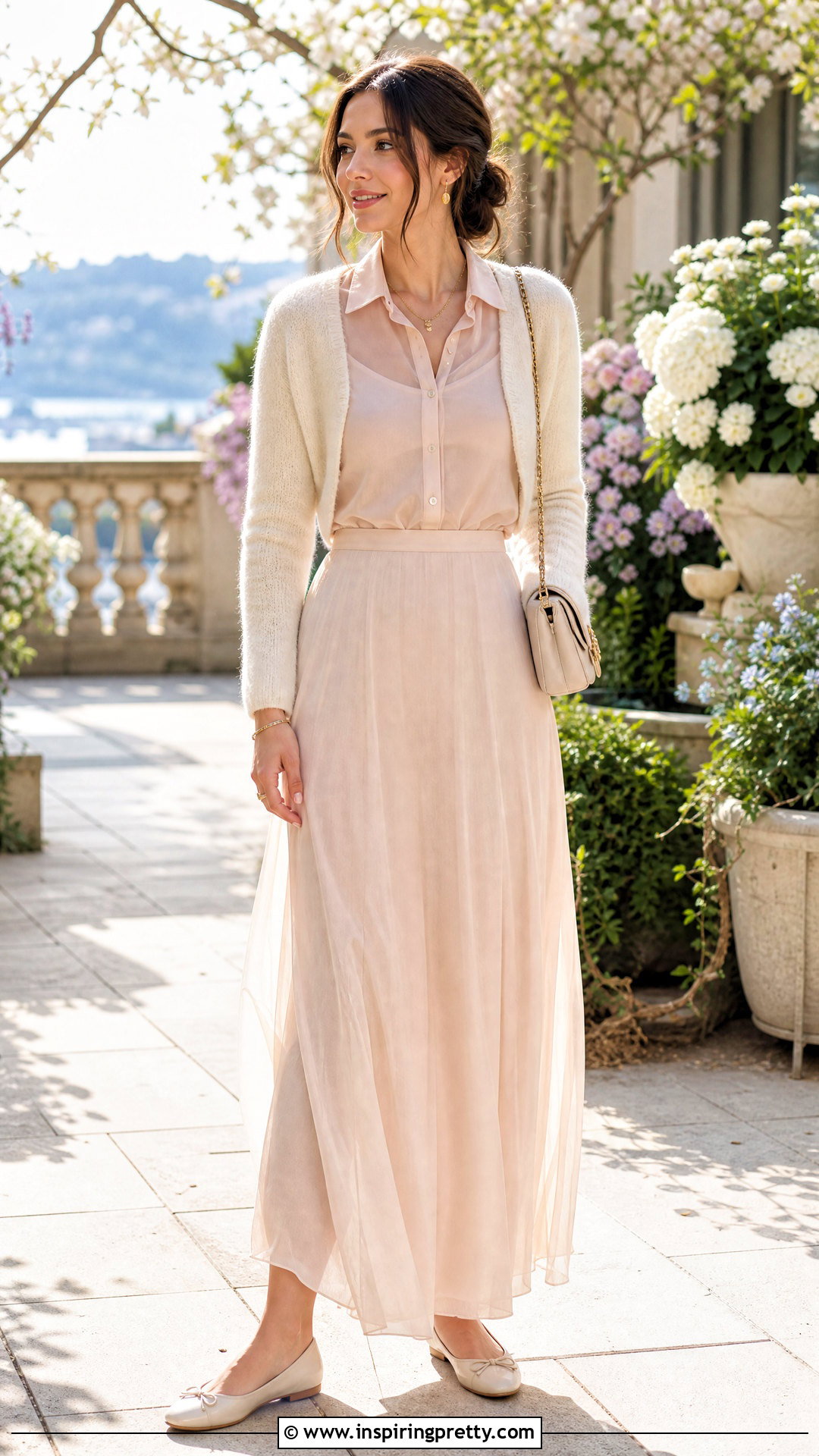 Sheer Top With Knit Bolero and Maxi Skirt - what to wear over a sheer top (25 ways)