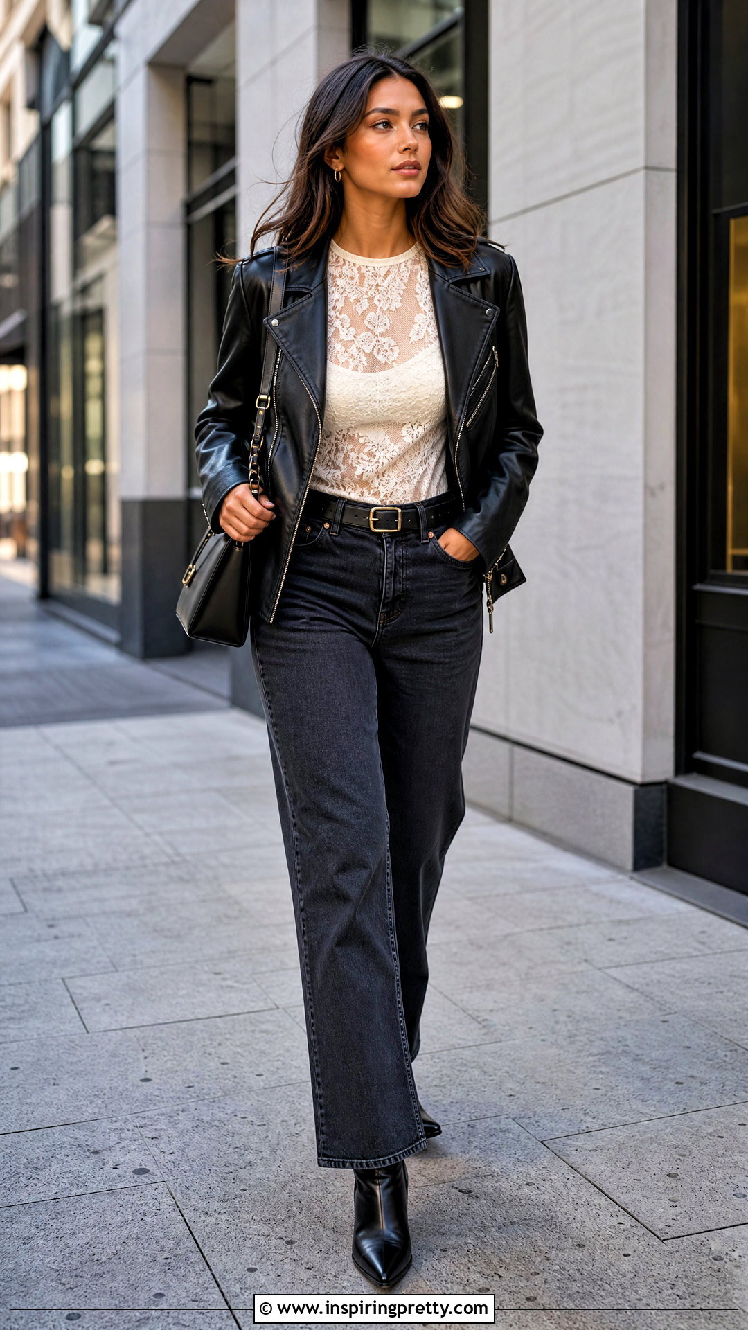 Sheer Top With Leather Jacket and Straight Leg Jeans - what to wear over a sheer top (25 ways)