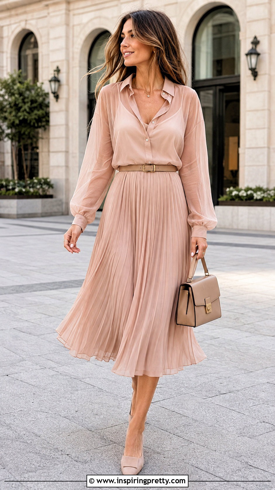 Sheer Top With Pleated Midi Skirt - 50 sheer top outfit classy ideas