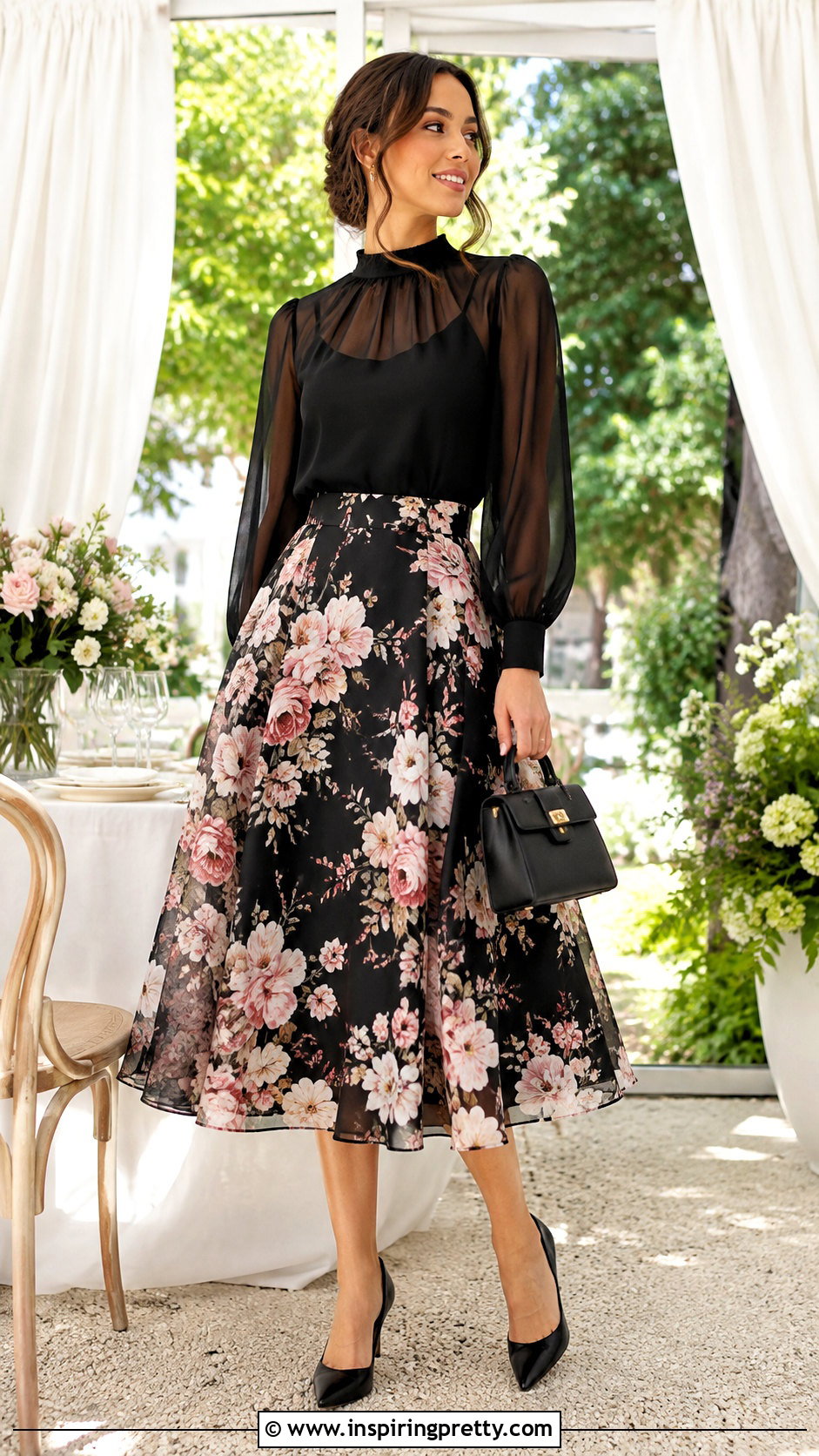 Sheer Top With Printed Midi Skirt - 50 sheer top outfit classy ideas
