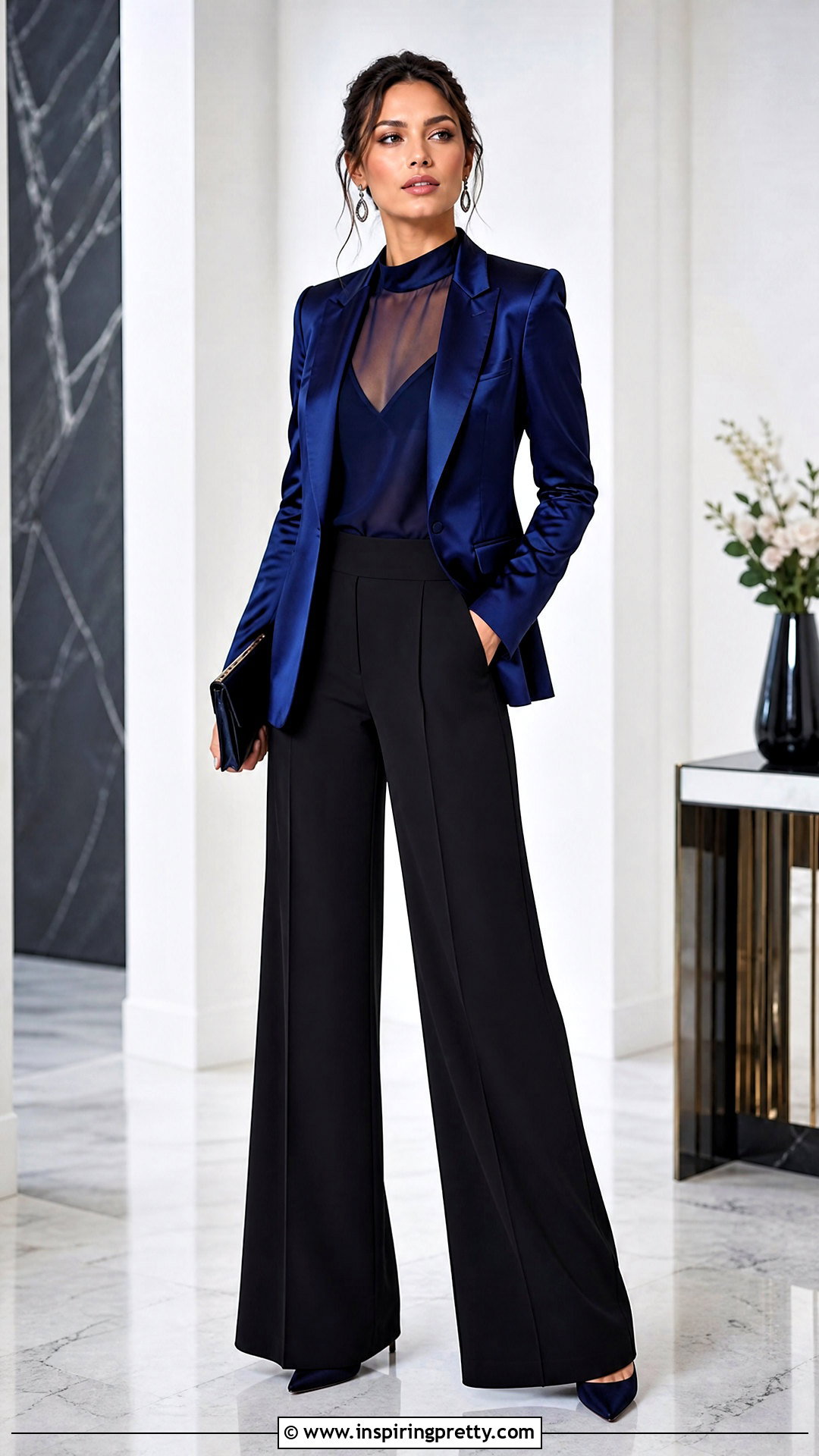 Sheer Top With Satin Blazer and Palazzo Pants - what to wear over a sheer top (25 ways)