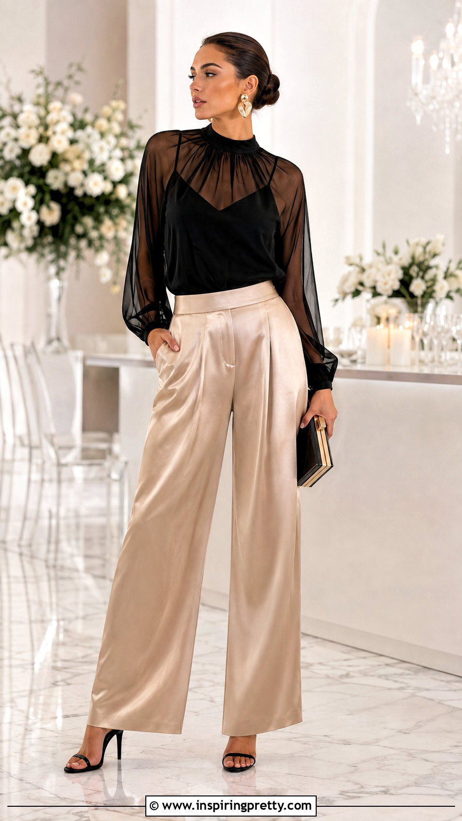 Sheer Top With Satin Trousers - 50 sheer top outfit classy ideas