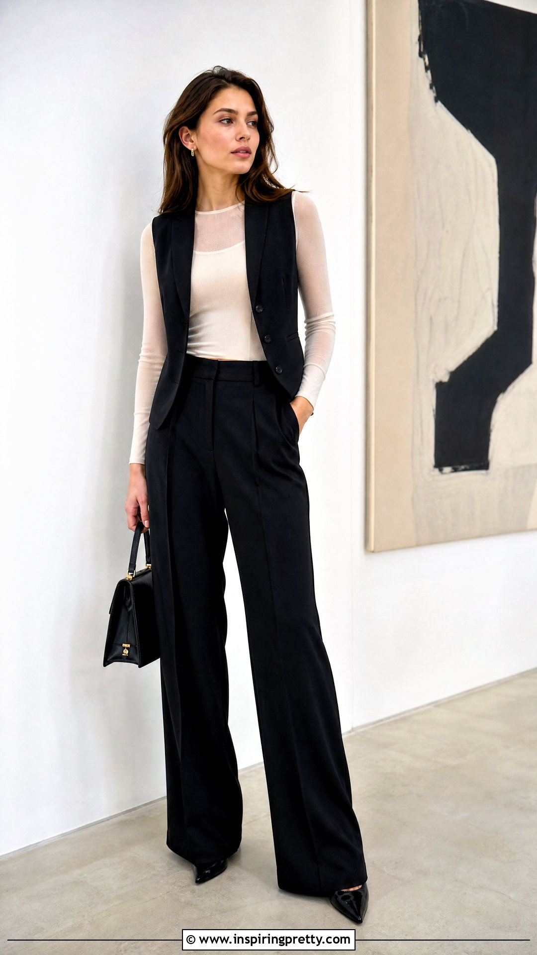Sheer Top With Tailored Vest and Wide Leg Pants - what to wear over a sheer top (25 ways)