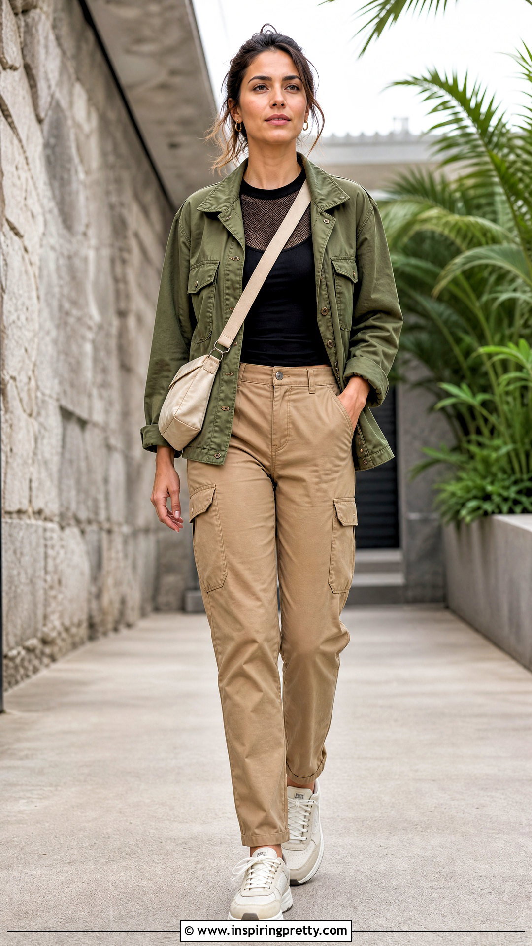 Sheer Top With Utility Jacket and Cargo Pants - what to wear over a sheer top (25 ways)