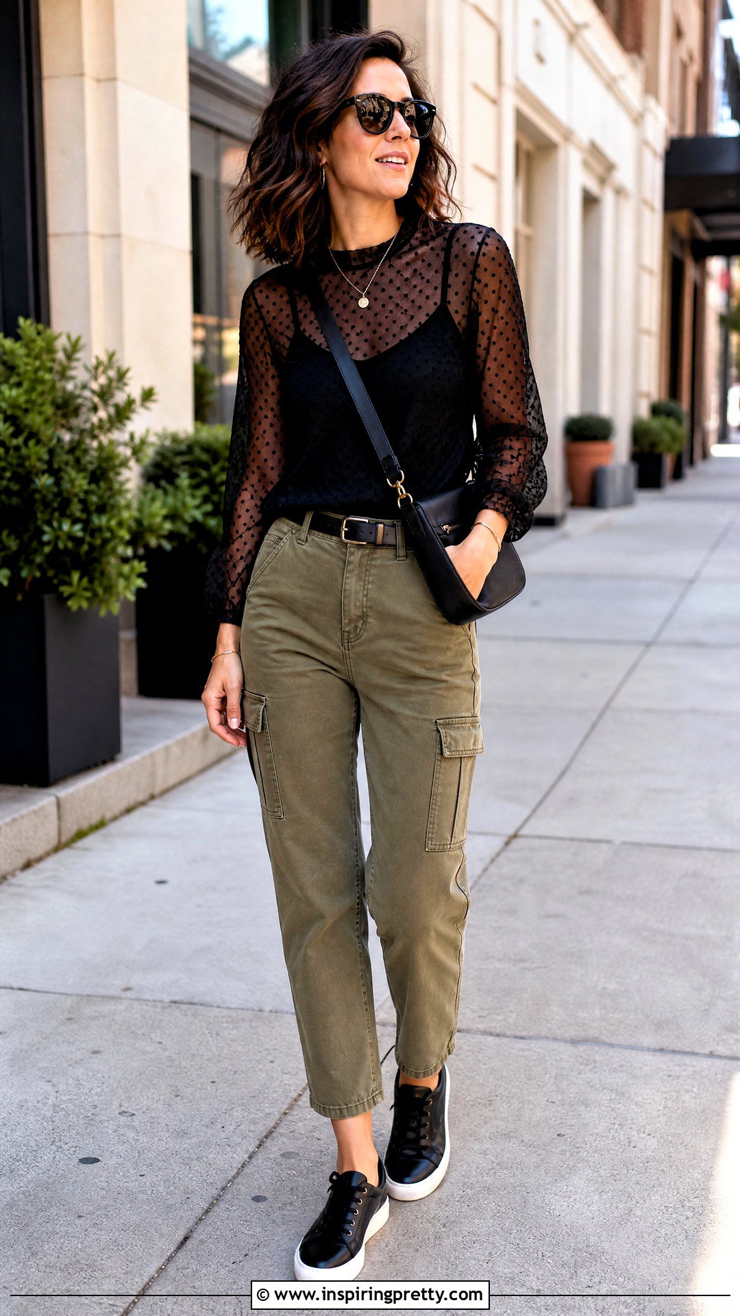 Sheer Top With Utility Pants - 50 sheer top outfit ideas
