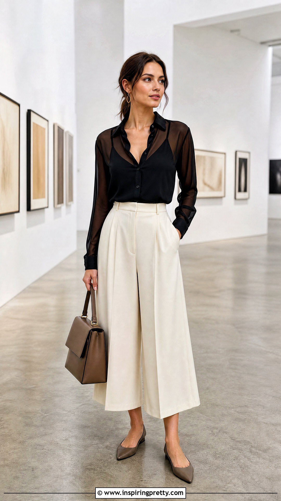 Sheer Top With Wide Leg Culottes - 50 sheer top outfit ideas