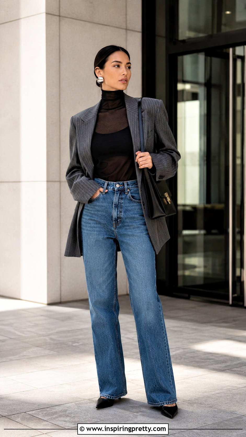 Sheer Turtleneck Layering Top Under Blazer And Jeans - 20 Layering Tops For Spring Ideas
