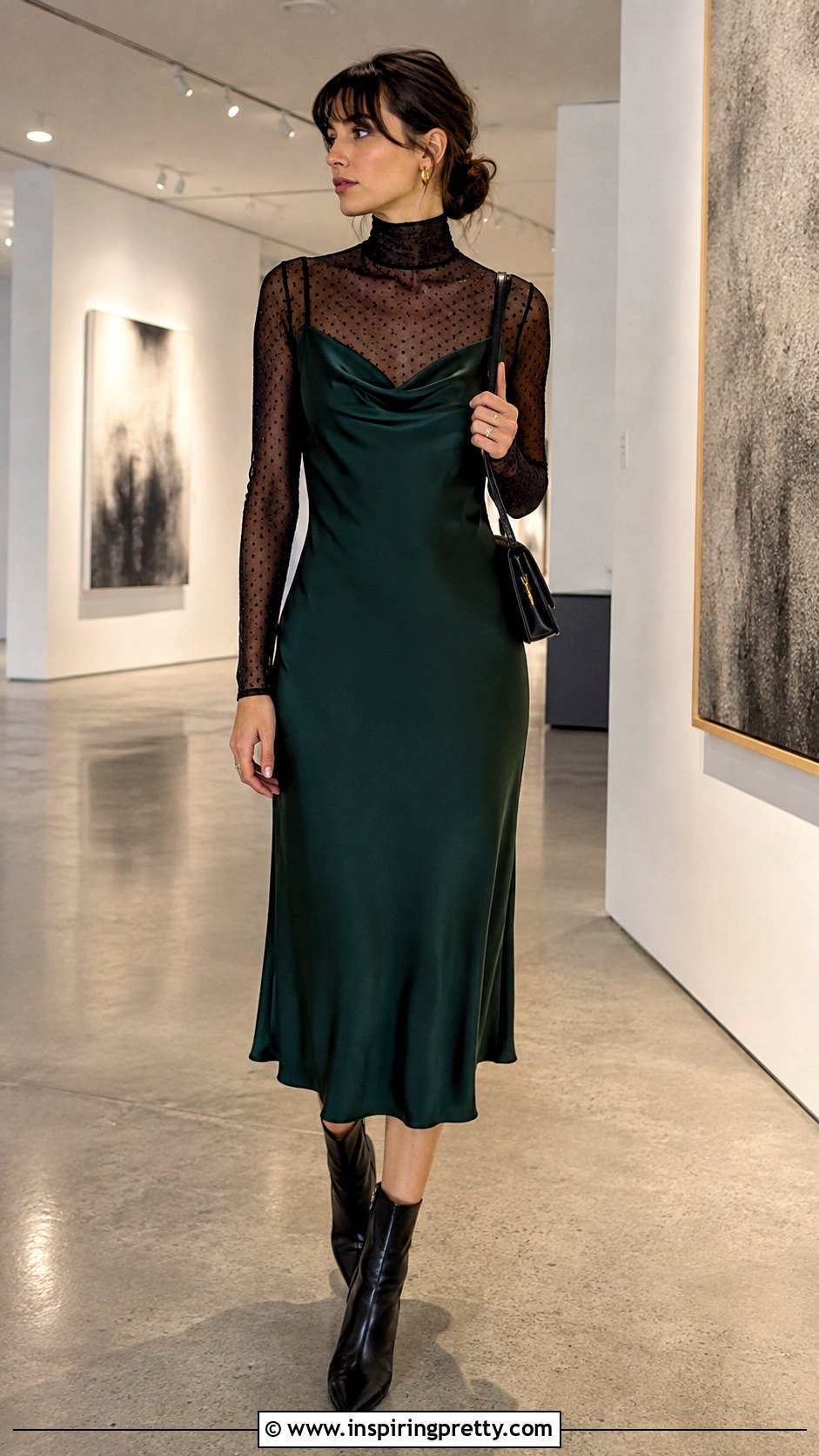Sheer Turtleneck Top Under Slip Dress - 25 elegant sheer top outfit ideas