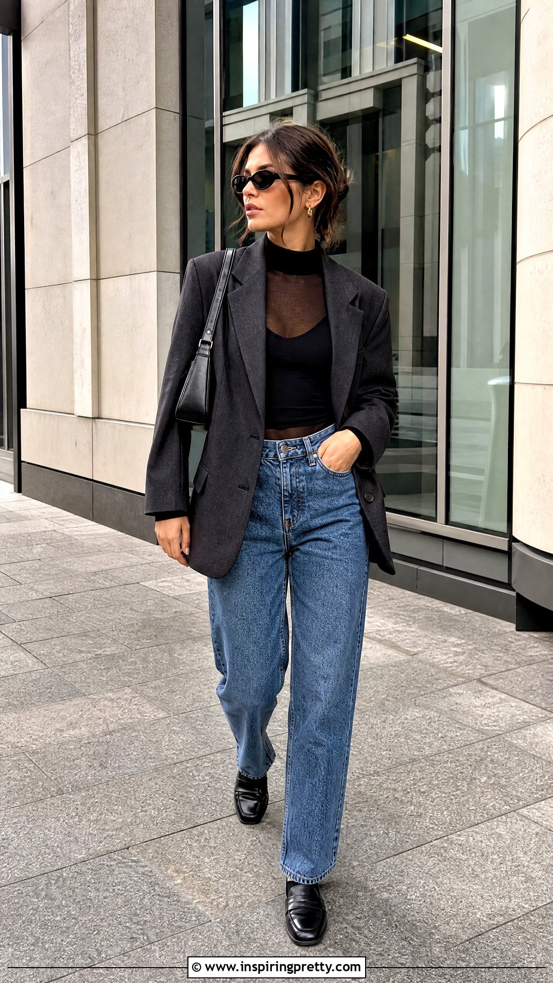 Sheer Turtleneck With Blazer and Jeans - 50 sheer top outfit ideas