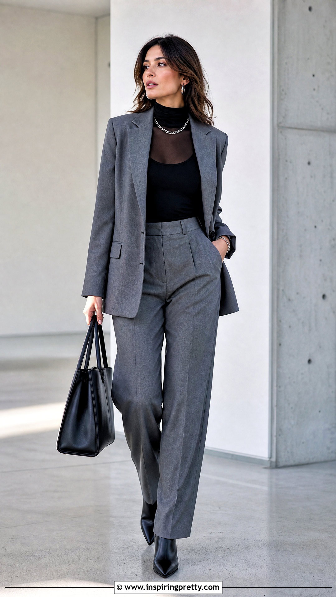 Sheer Turtleneck With Gray Blazer And Tailored Trousers - 25 Sheer Top With Blazer outfit ideas