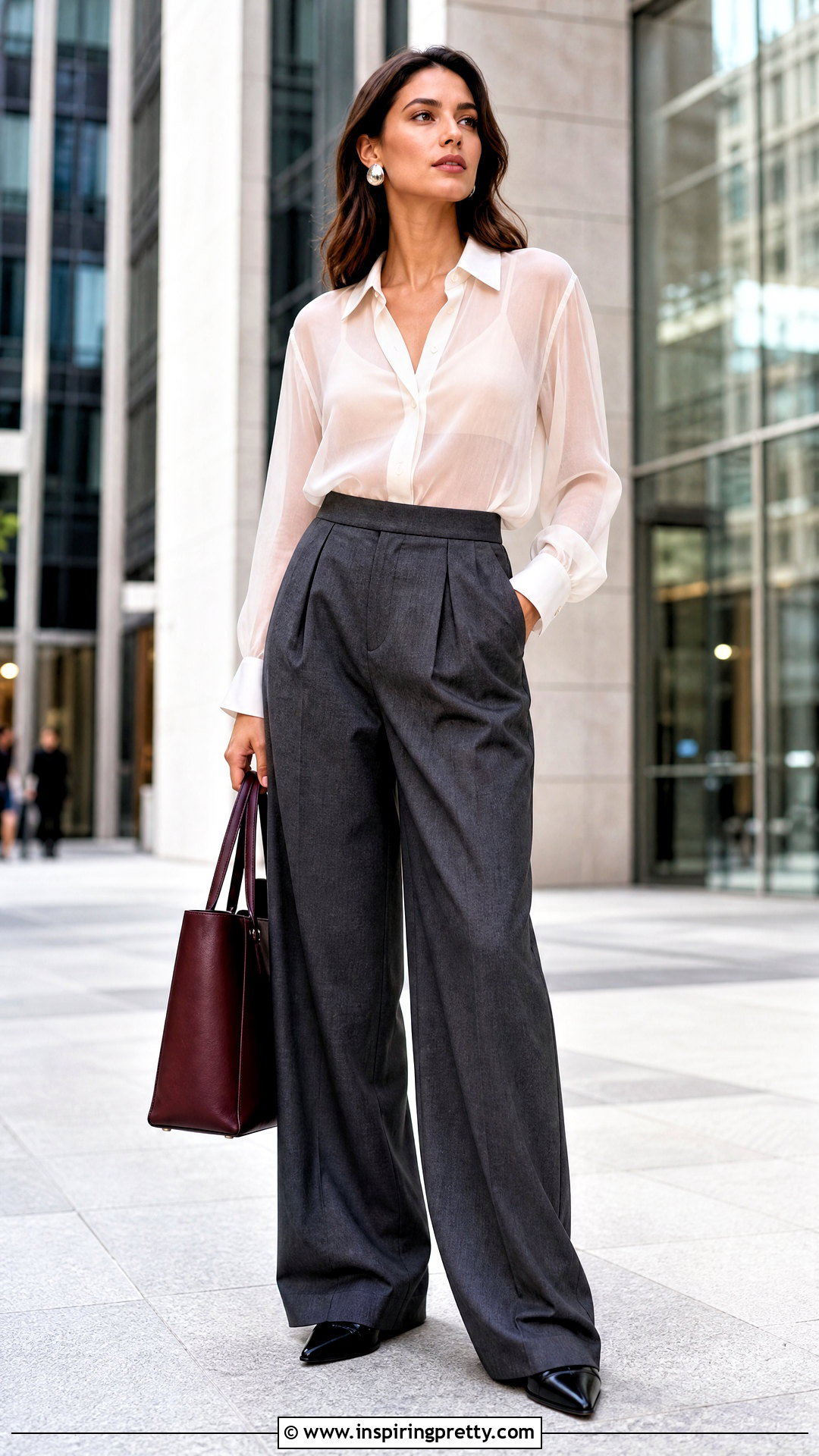 Sheer White Top With Gray Trousers - 50 sheer white top outfit ideas