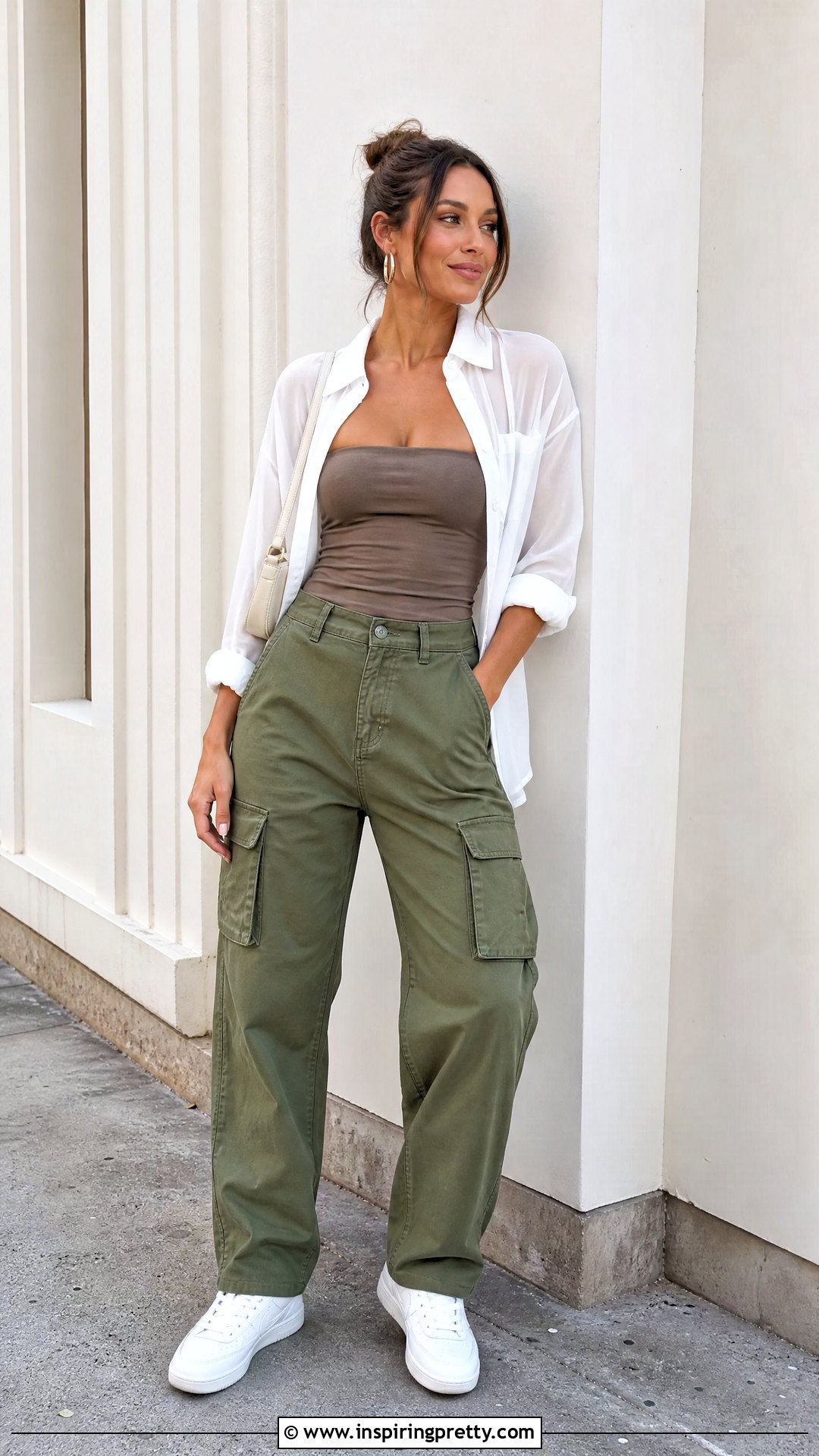 Sheer White Top With Taupe Tube Top And Cargo Pants - What To Wear Under Sheer White Top (25 Ways)