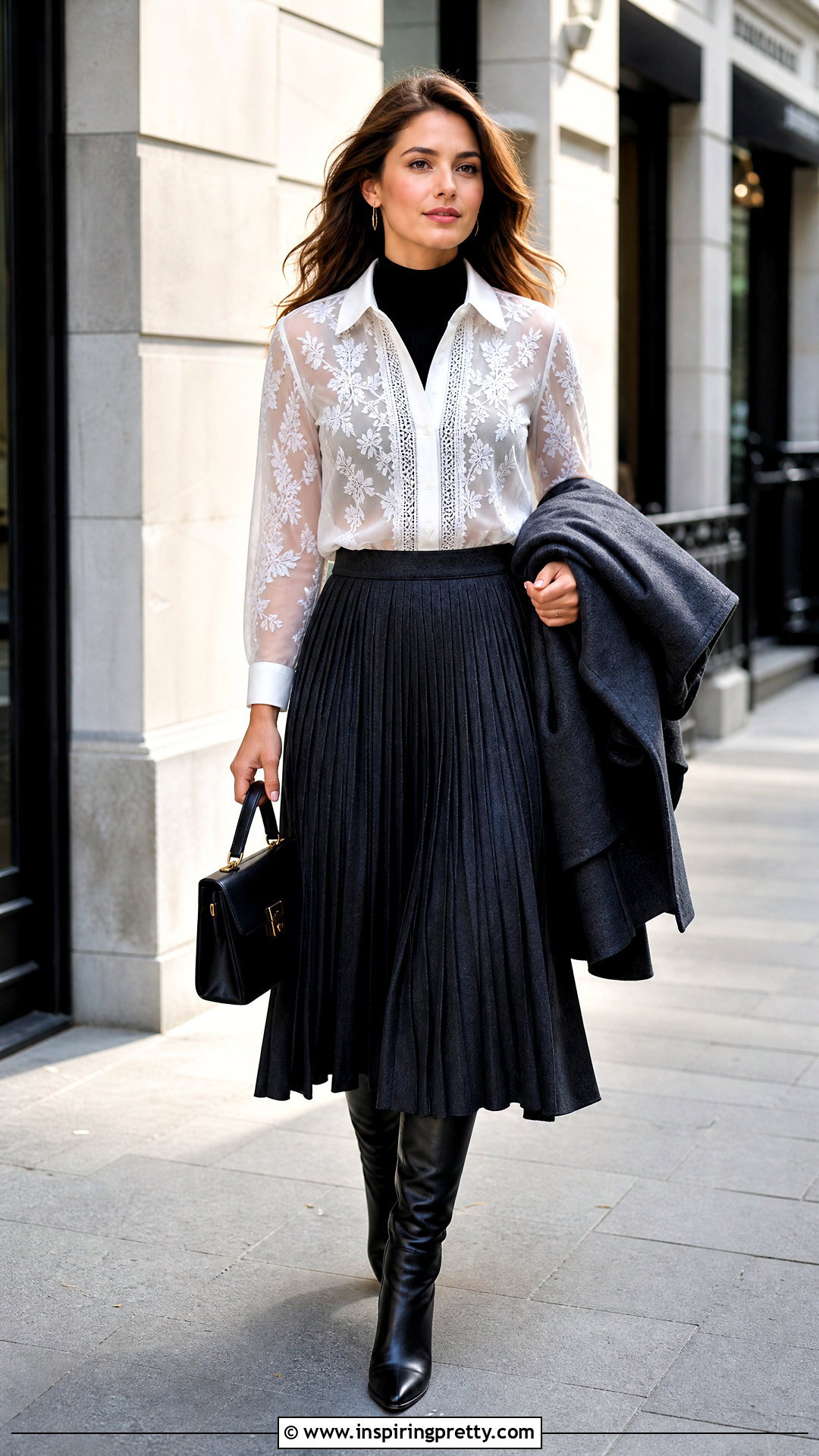 Sheer White Top With Turtleneck And Midi Skirt - What To Wear Under Sheer White Top (25 Ways)