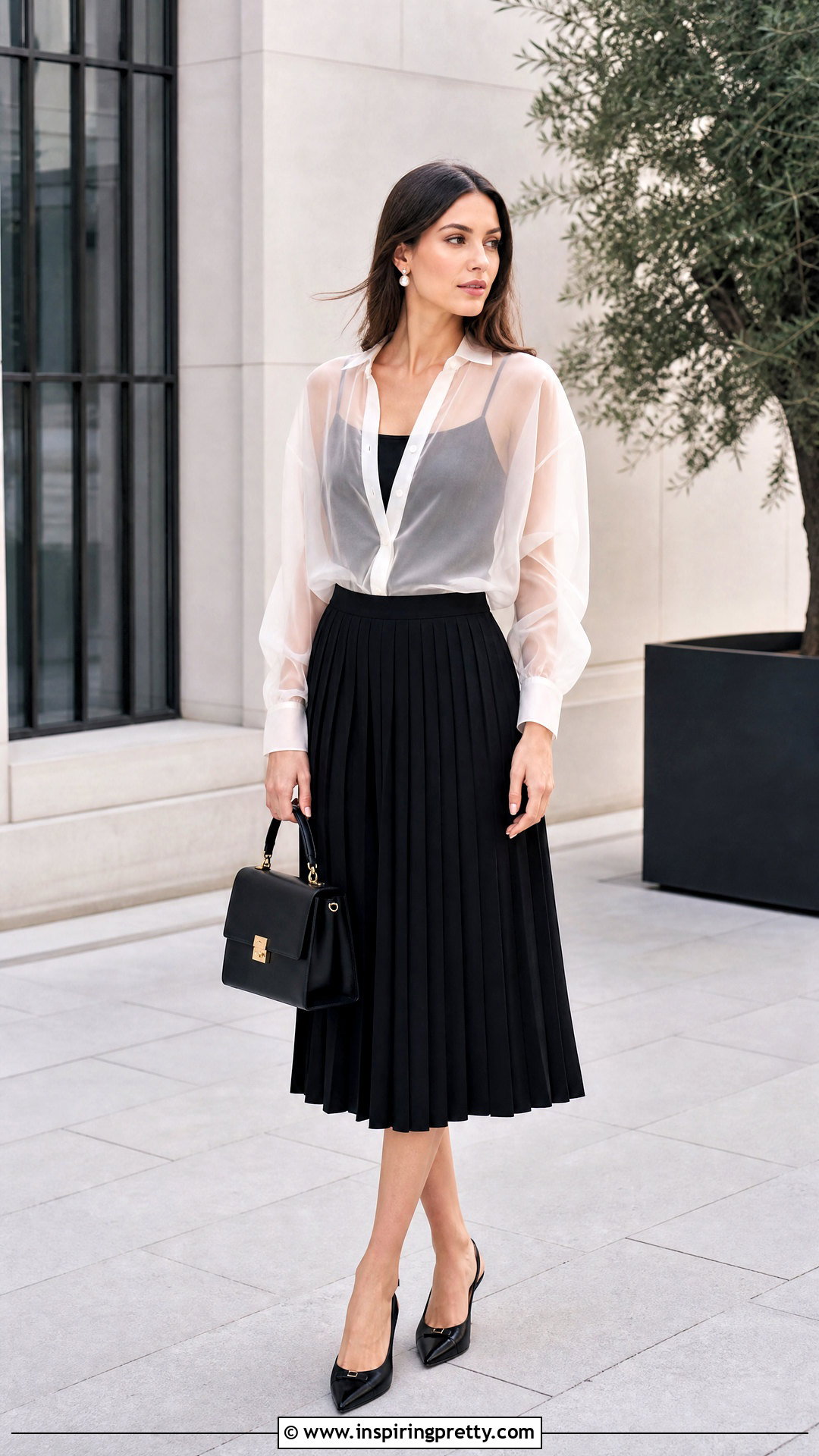 Sheer White Top With a Black Midi Skirt - 50 sheer white top outfit ideas