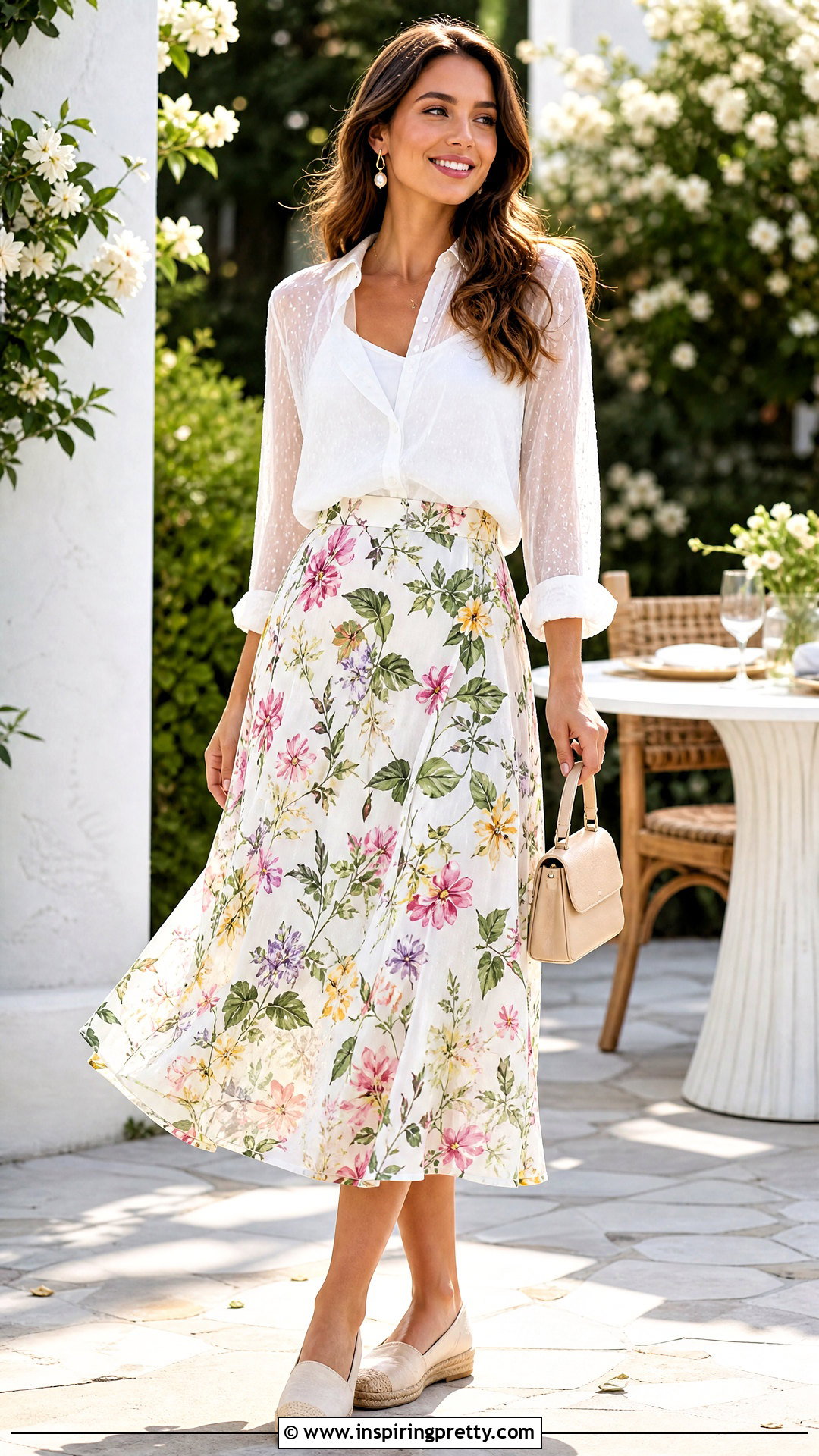 Sheer White Top With a Floral Midi Skirt - 50 sheer white top outfit ideas