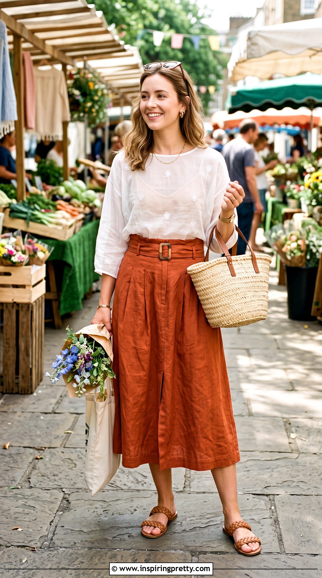 Sheer White Top With a Linen Midi Skirt - 50 sheer white top outfit ideas