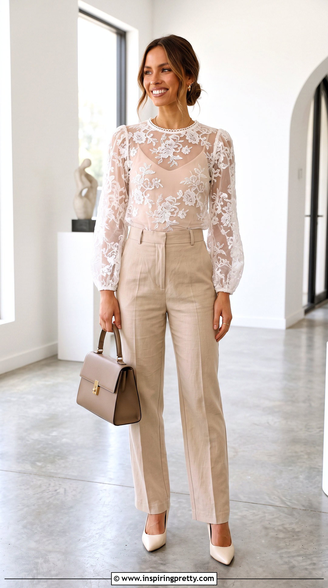 Sheer White Top With a Nude Bodysuit and Trousers - 50 sheer white top outfit ideas