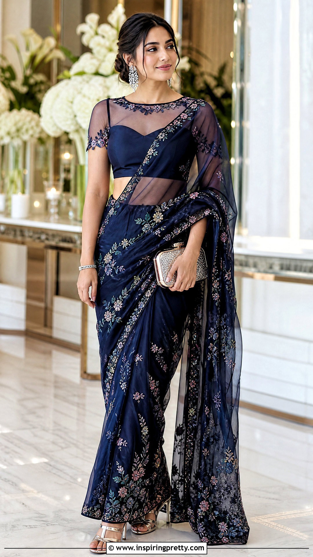 Sheer Yoke Crop Top Blouse With Embroidered Saree - 50 latest crop top blouse designs