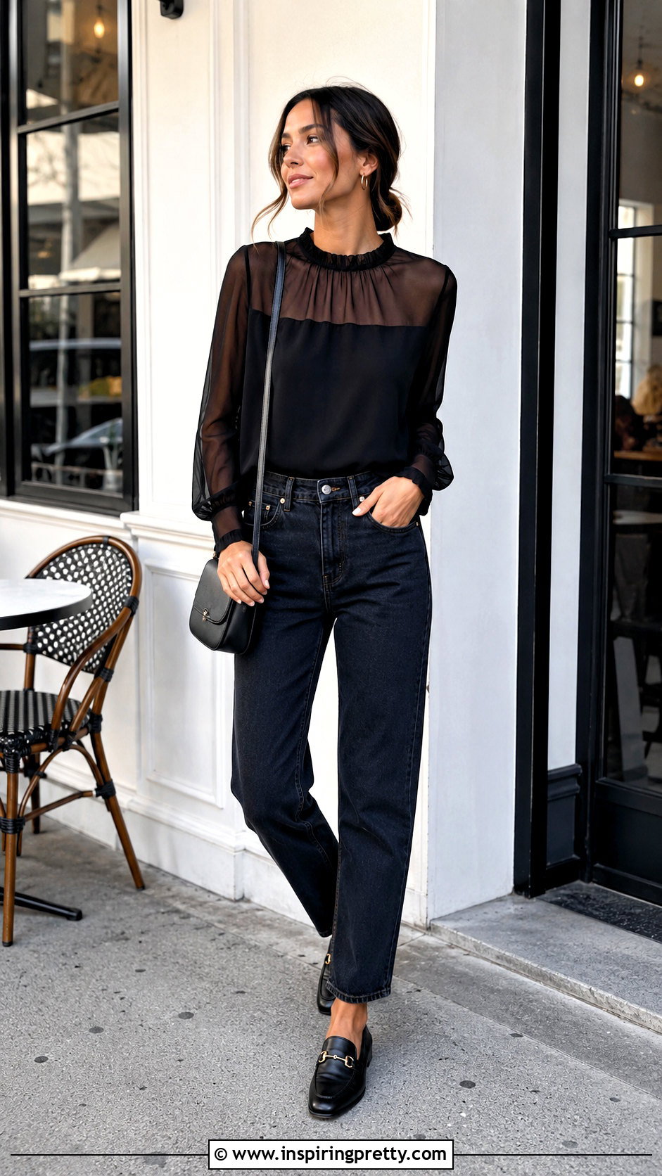 Sheer Yoke Panel Top With Straight Leg Jeans - 20 Sheer Panel Fashion Top outfit ideas