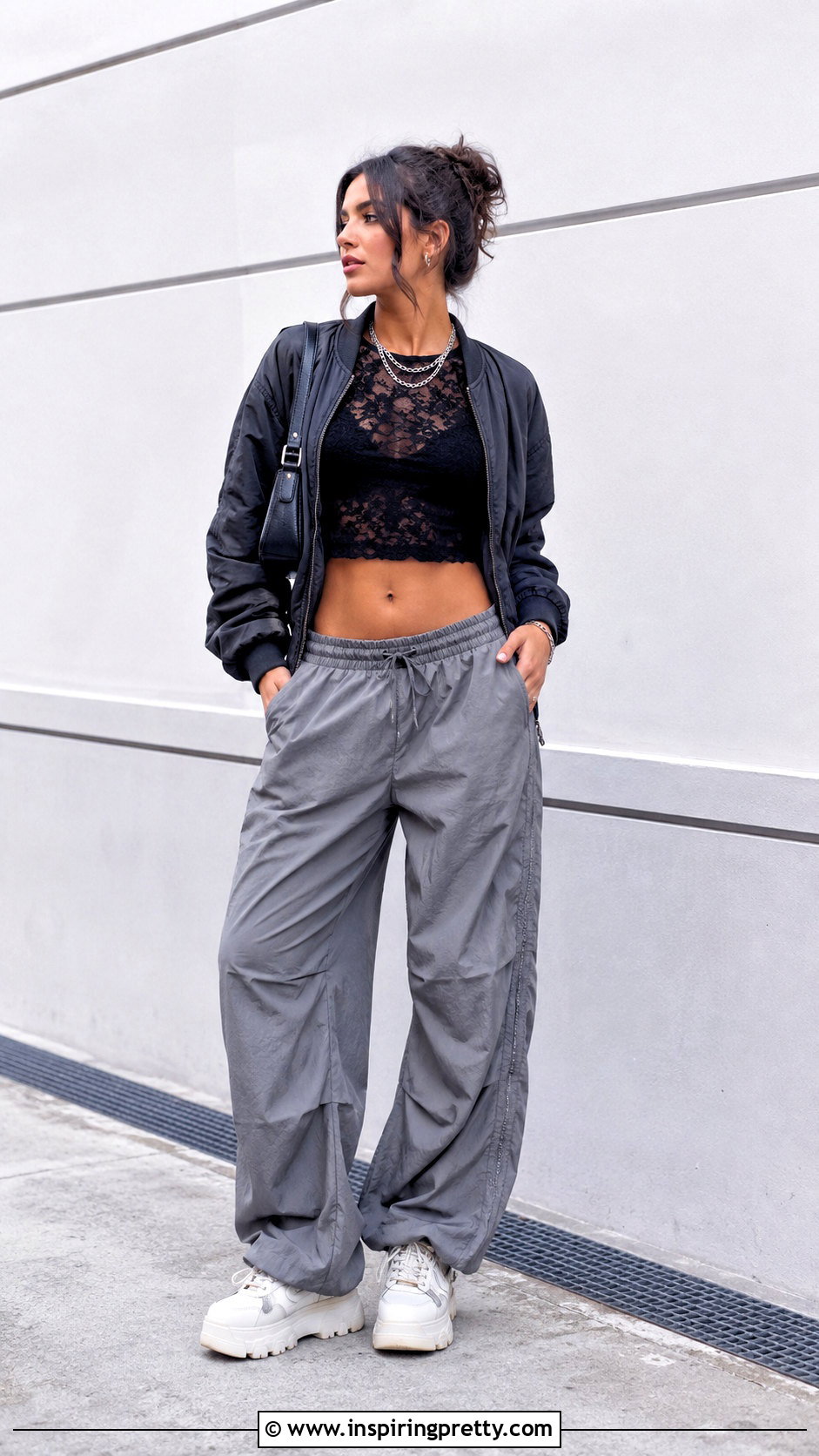 Shein Black Lace Top With Parachute Pants And Sneakers - 25 Shein Black Lace Top outfit ideas