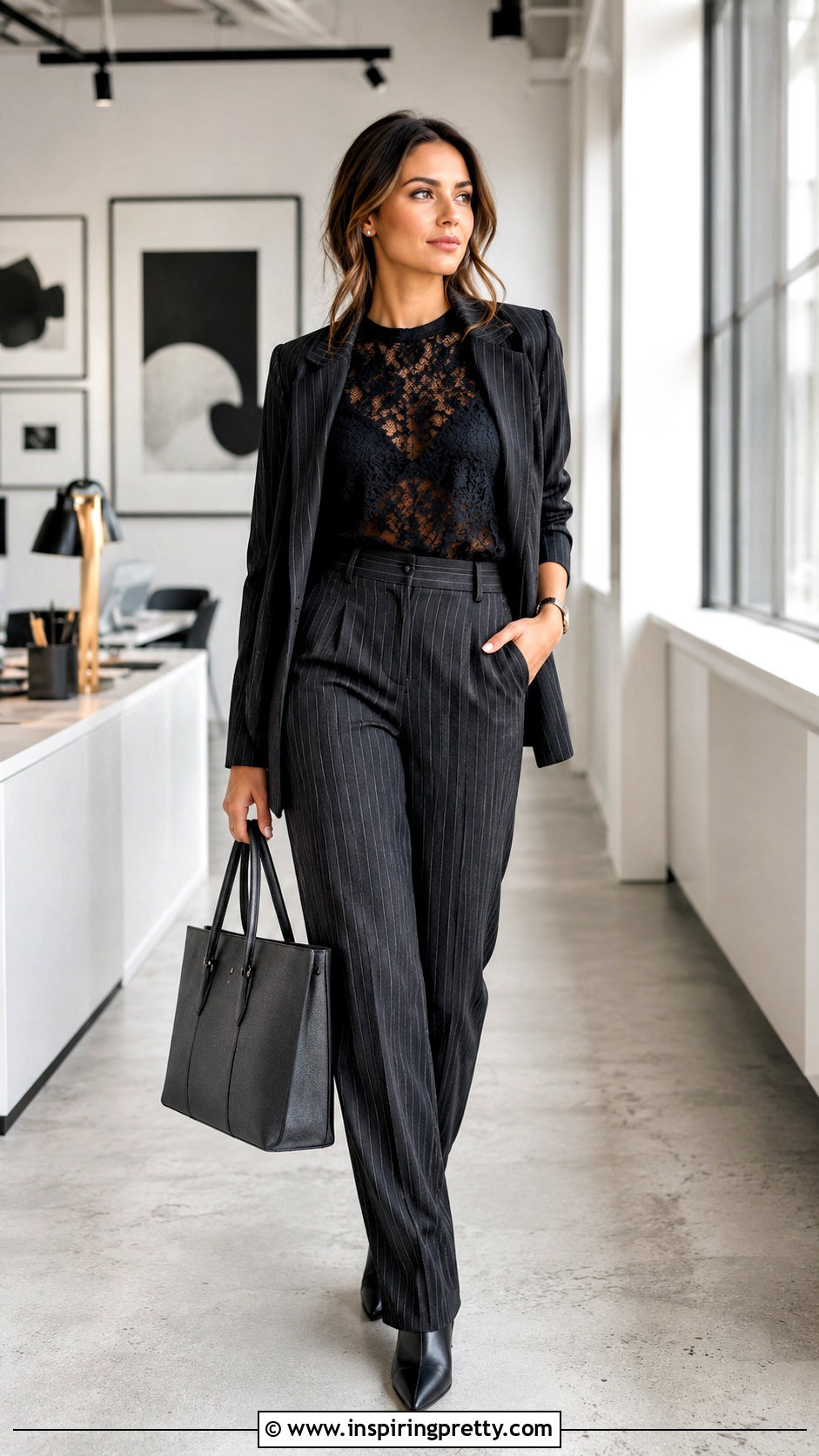 Shein Black Lace Top With Pinstripe Pants And Pointed Boots - 25 Shein Black Lace Top outfit ideas