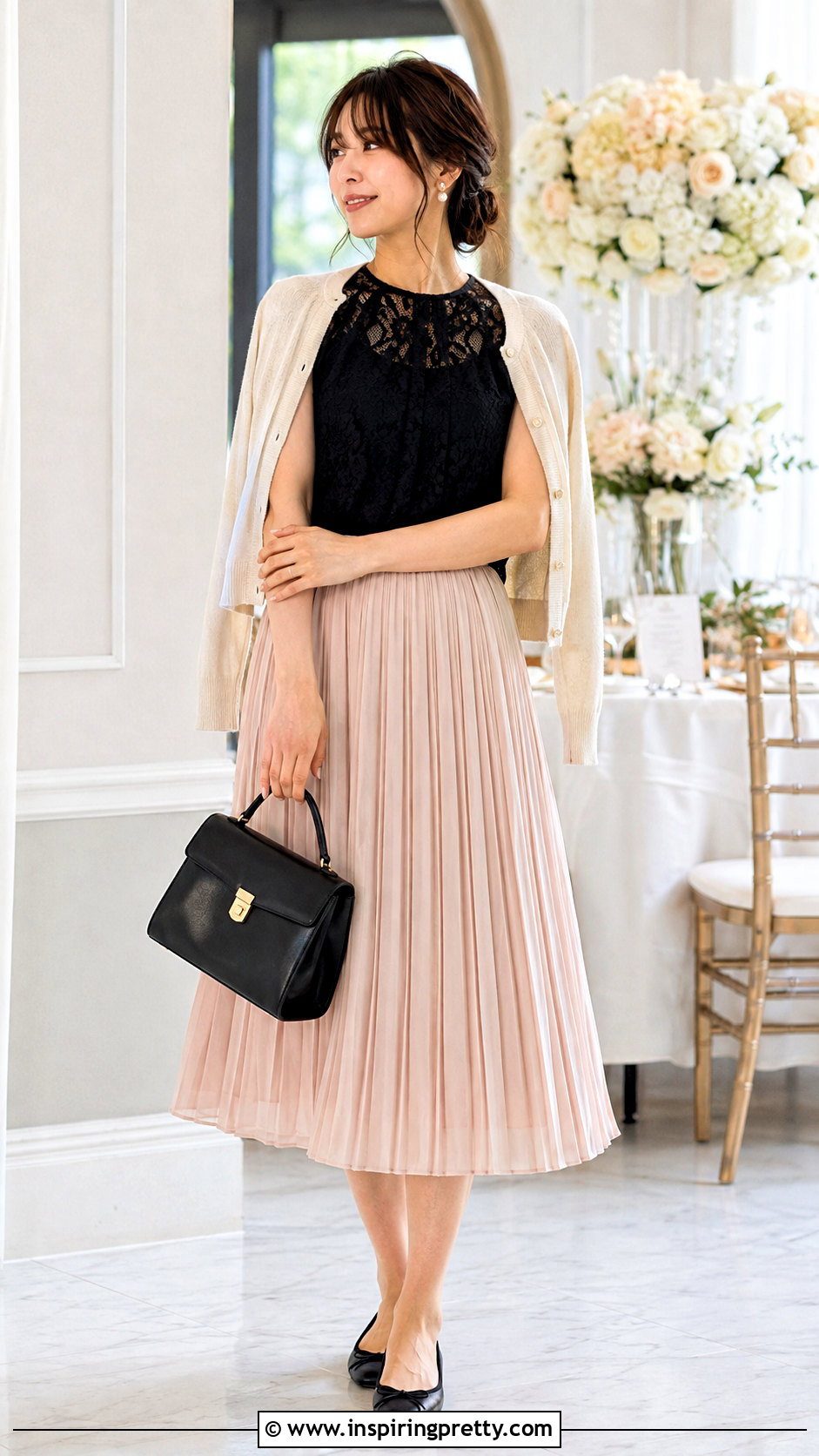 Shein Black Lace Top With Pleated Midi Skirt And Cardigan - 25 Shein Black Lace Top outfit ideas