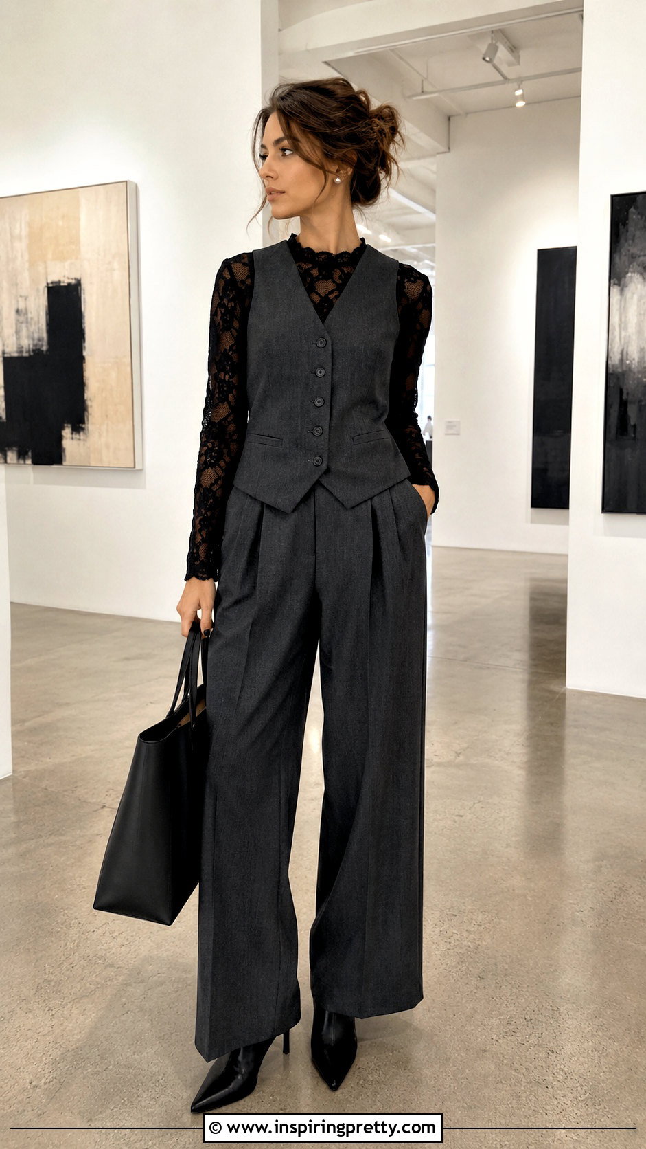 Shein Black Lace Top With Suit Vest And Trousers - 25 Shein Black Lace Top outfit ideas