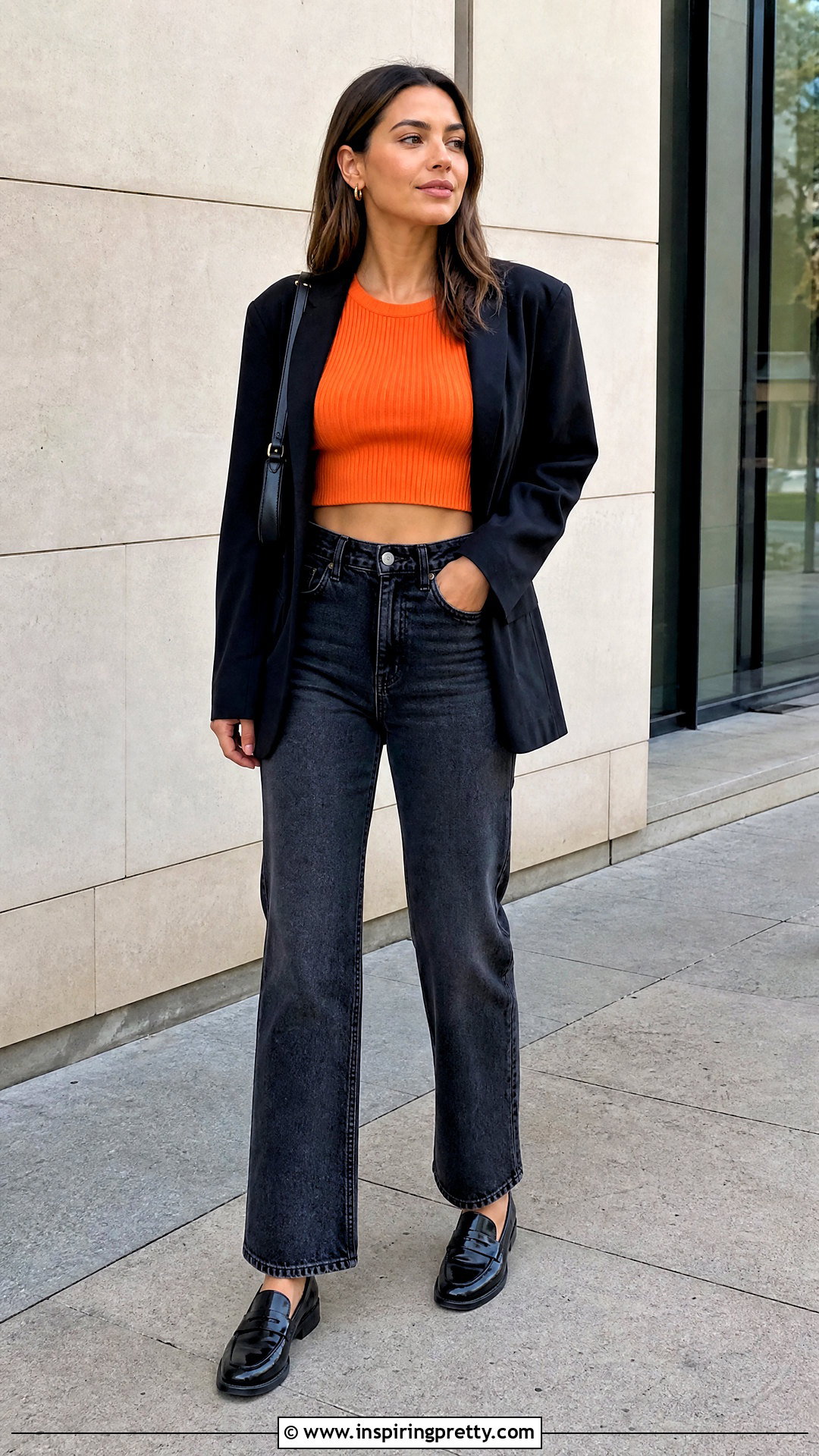 Shein Orange Crop Top With Black Blazer And Jeans - 20 shein orange crop top outfit ideas