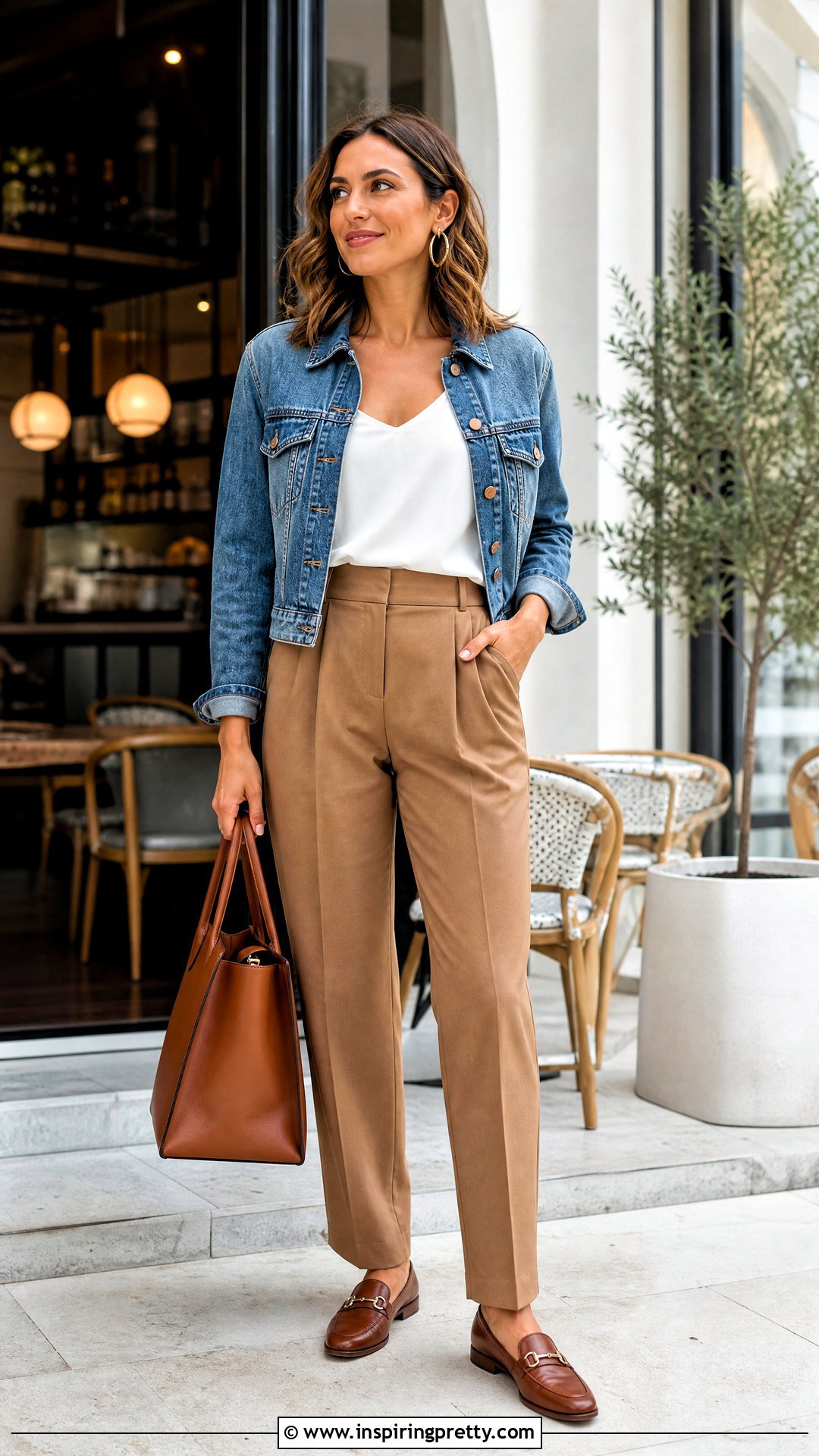 Shell Top With A Denim Jacket And Trousers - 50 shell top outfit ideas