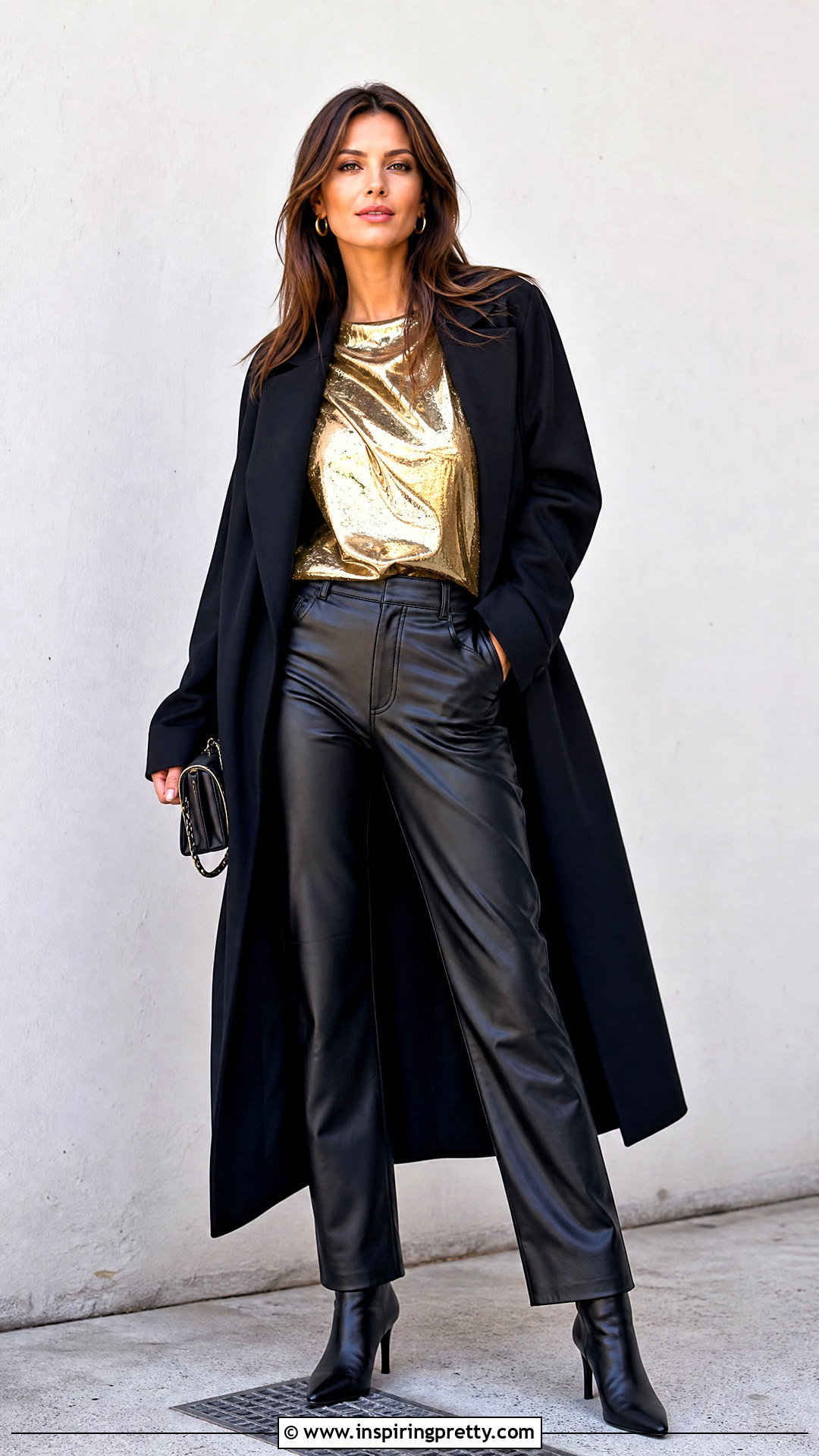 Shiny Gold Top With Black Leather Pants - 20 shiny gold fashion top outfit ideas
