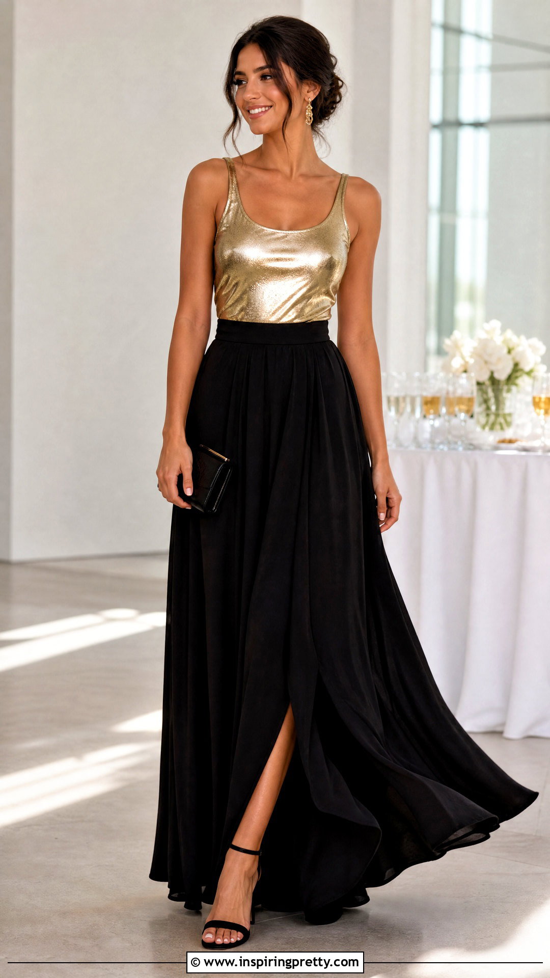 Shiny Gold Top With Black Maxi Skirt - 20 shiny gold fashion top outfit ideas
