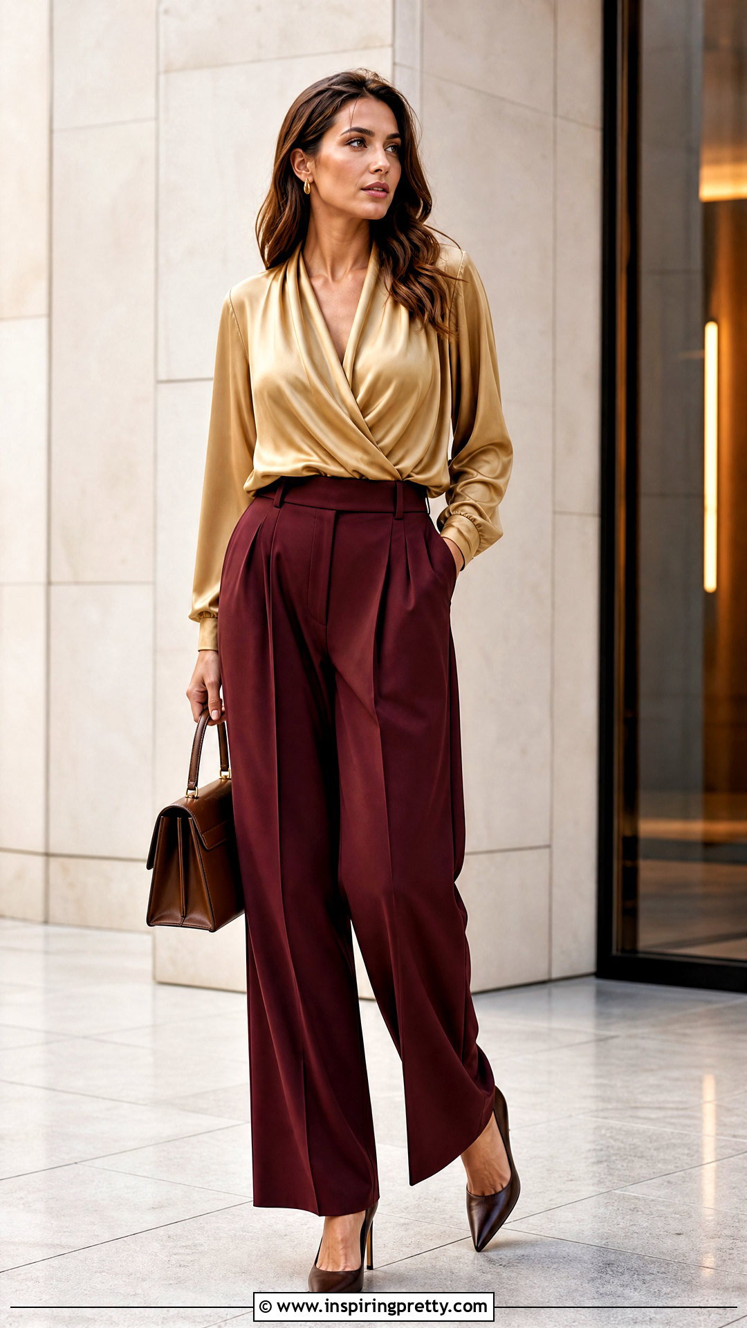 Shiny Gold Top With Burgundy Trousers - 20 shiny gold fashion top outfit ideas