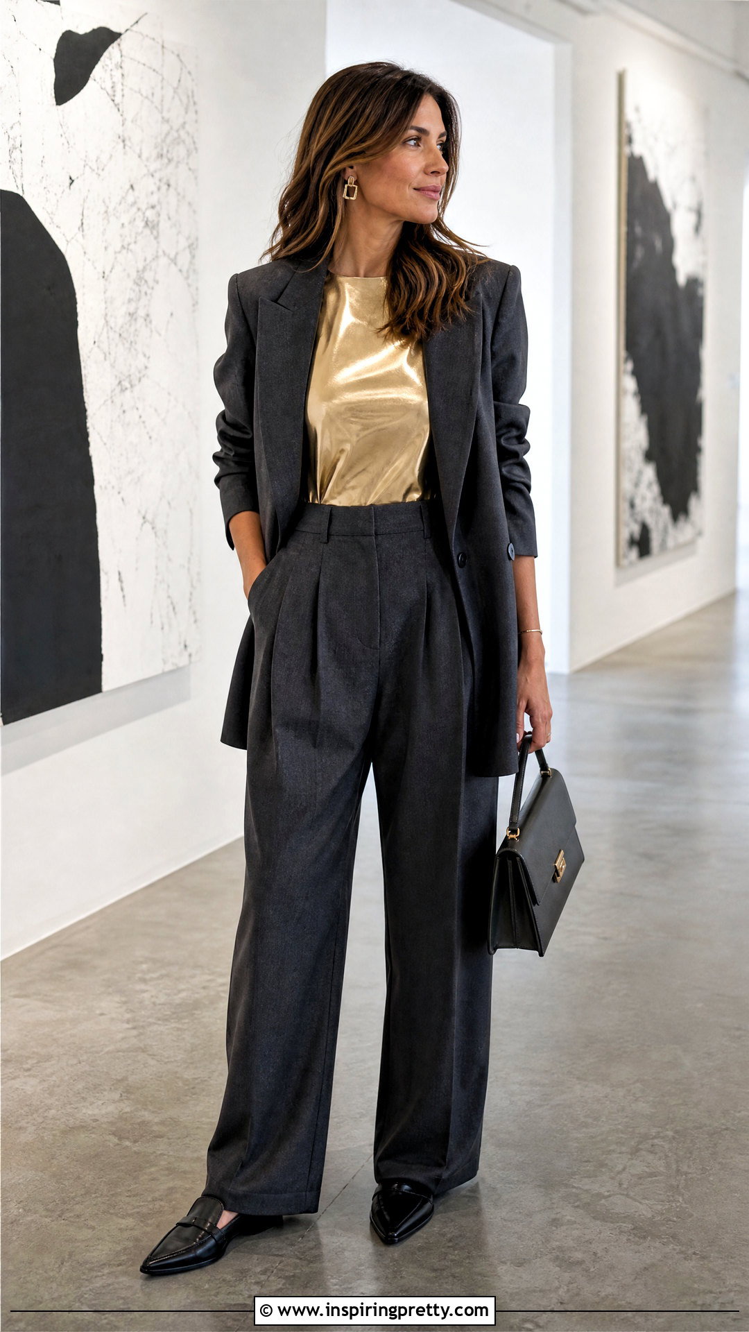Shiny Gold Top With Gray Tailored Trousers - 20 shiny gold fashion top outfit ideas