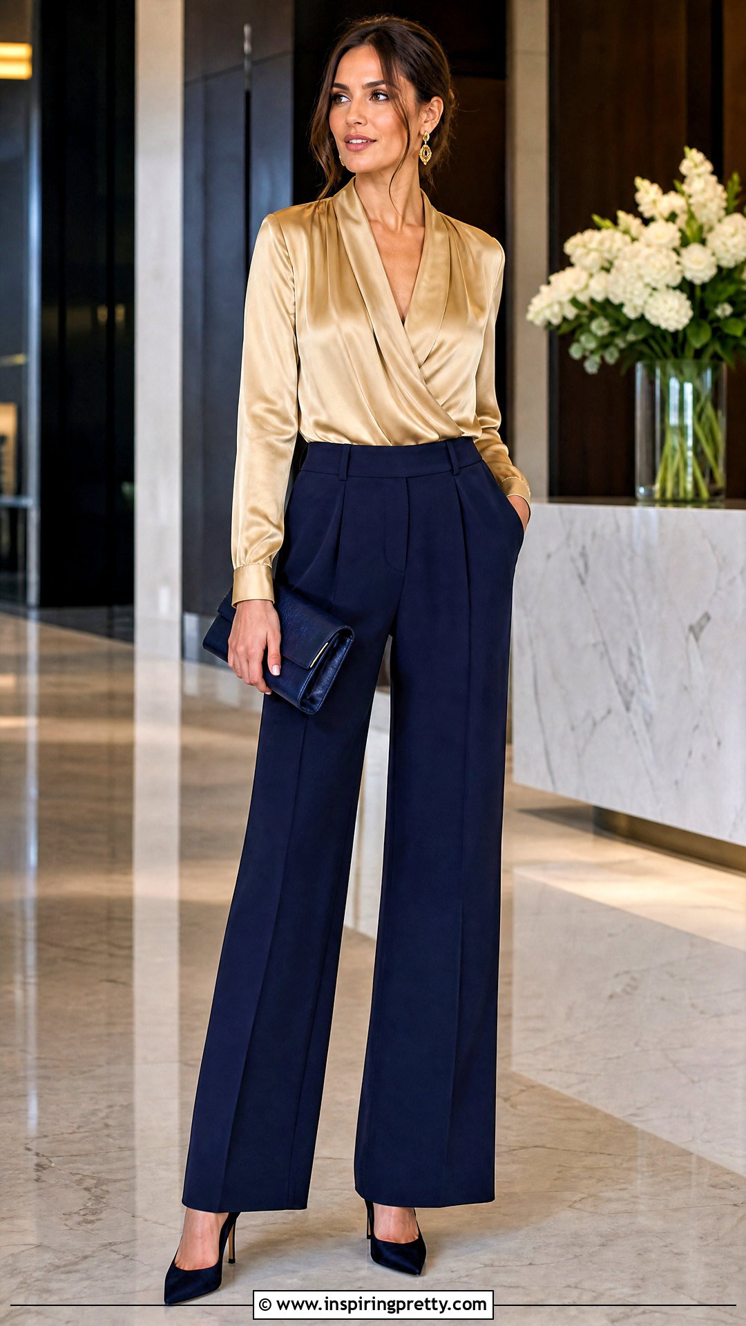 Shiny Gold Top With Navy Wide Leg Pants - 20 shiny gold fashion top outfit ideas