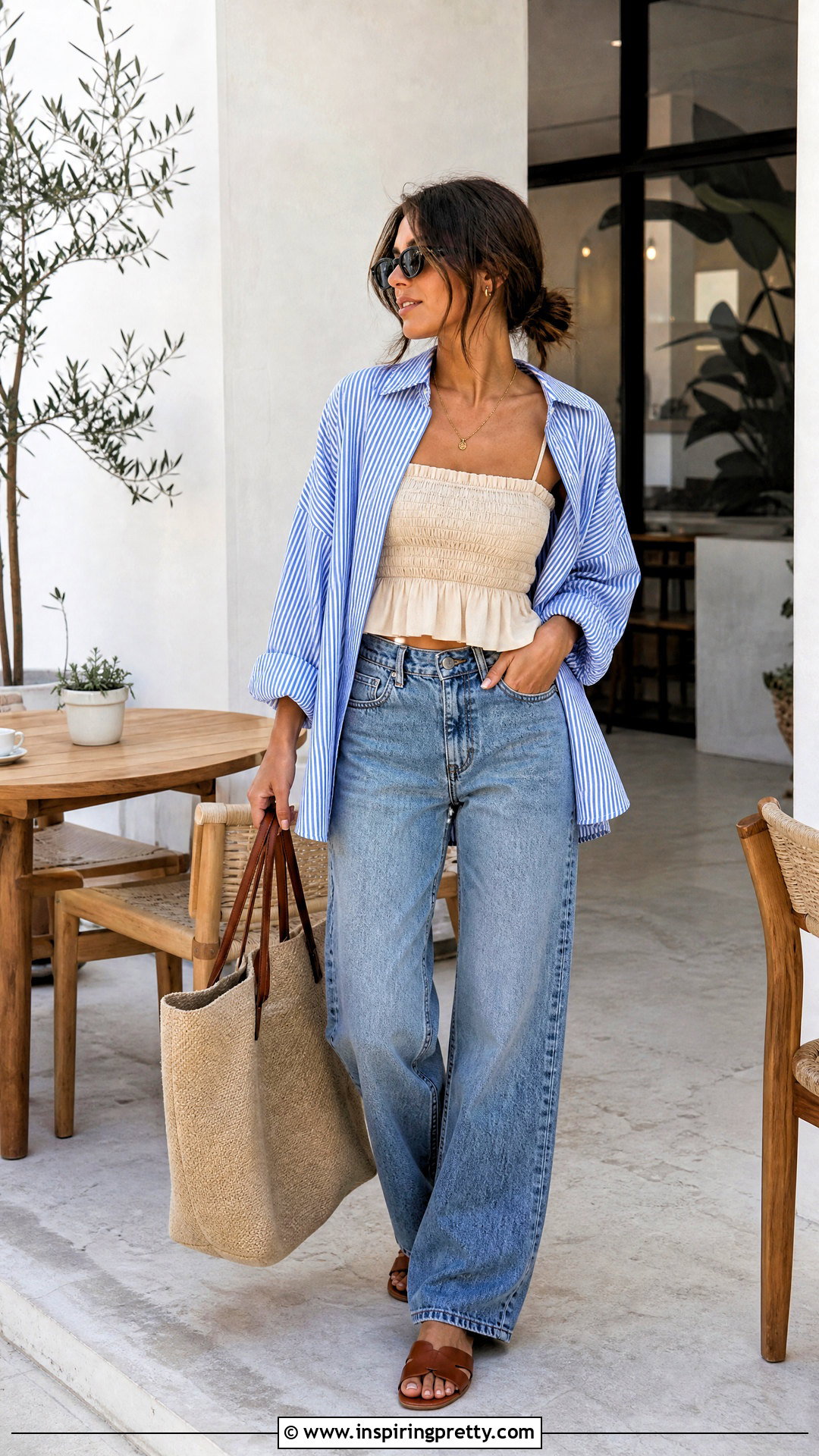 Shirred Cami Top With Oversized Shirt And Jeans - 25 Shirred Cami Top outfit ideas